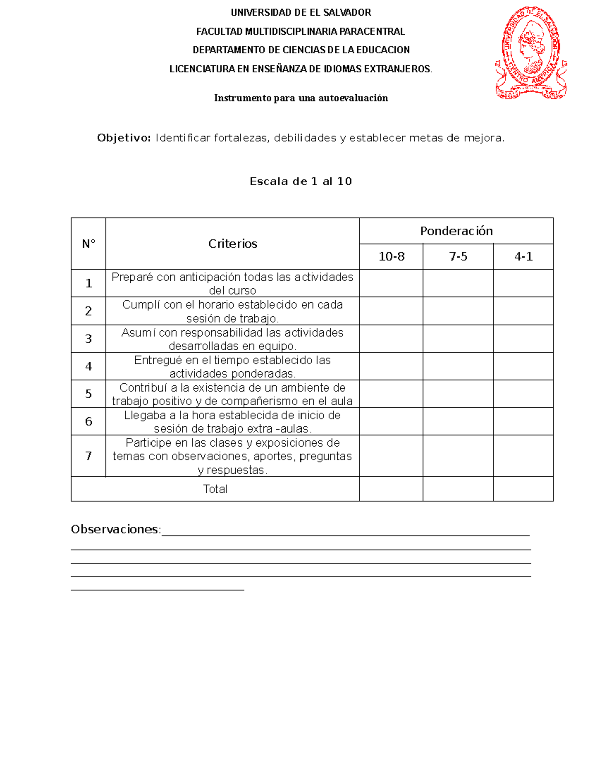 Autoevaluacion - Ejemplo de criterios de autoevaluación - Instrumento ...