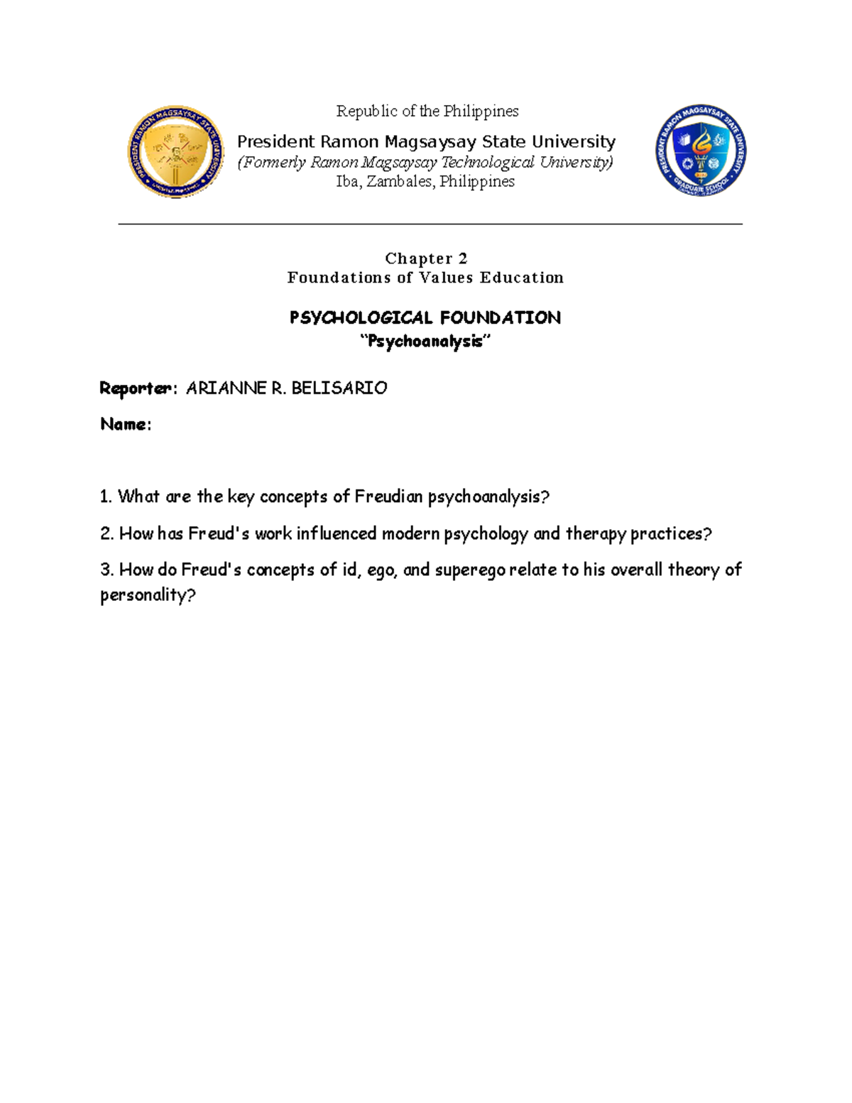 Psychoanalysis EXAM Activity 7 - Republic of the Philippines President ...