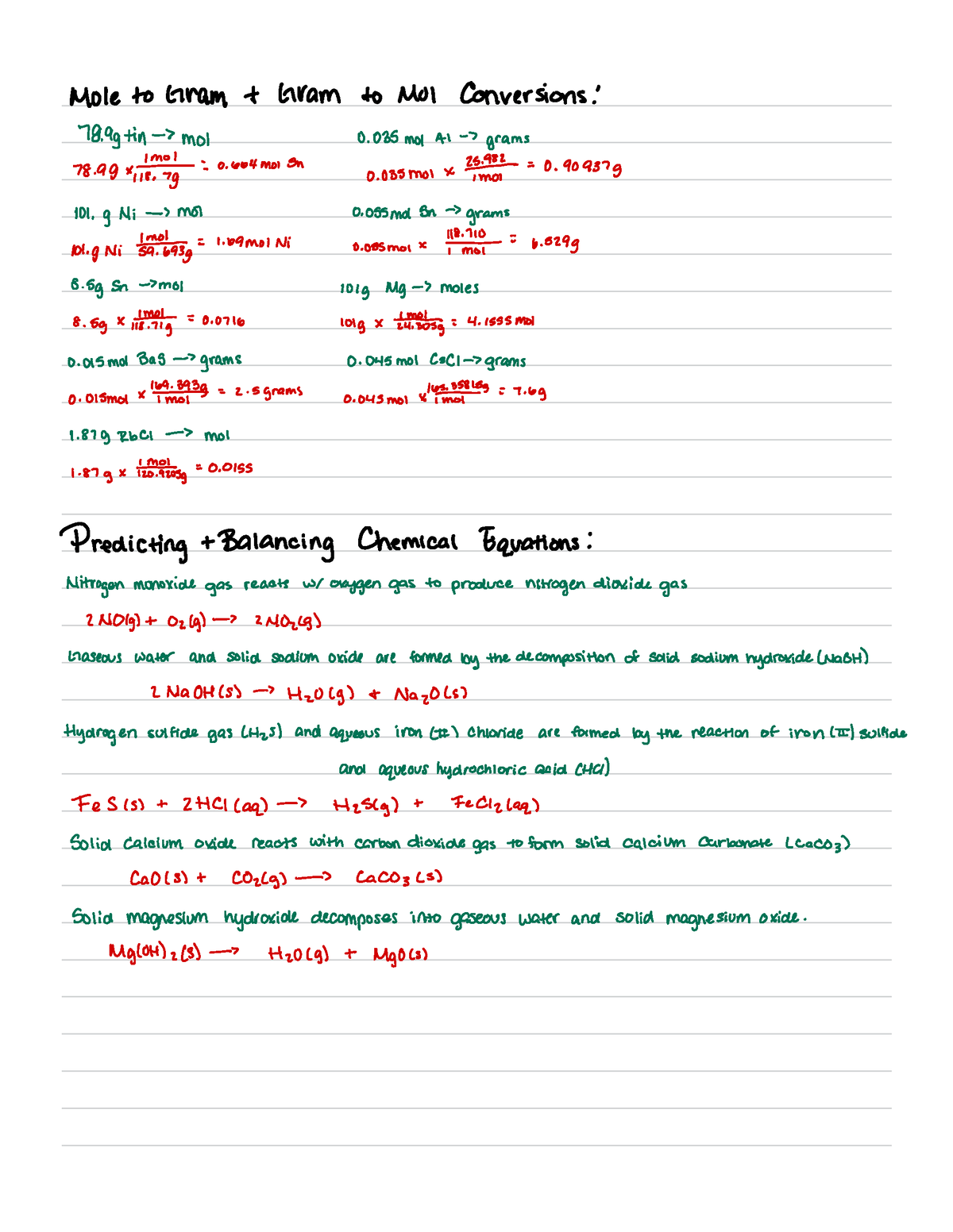 Mol to gram conversions and predicting balanced chemical equations ...