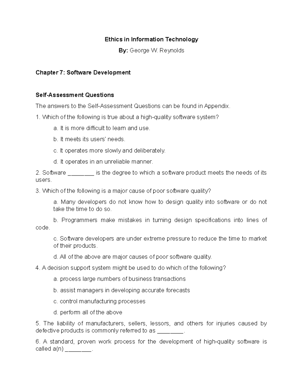 Self-Assessment and Discussion Questions Chapter 7 Software Development ...