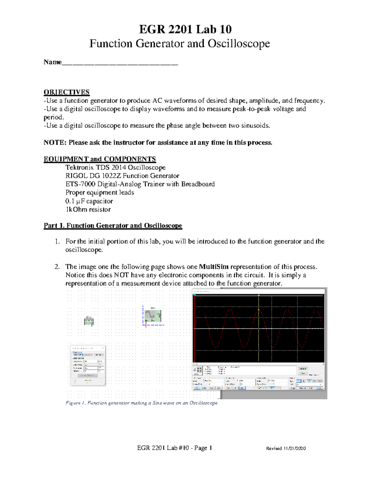 EGR 2201 Circuit LAB 10 - Function Generator And Oscilloscope Name