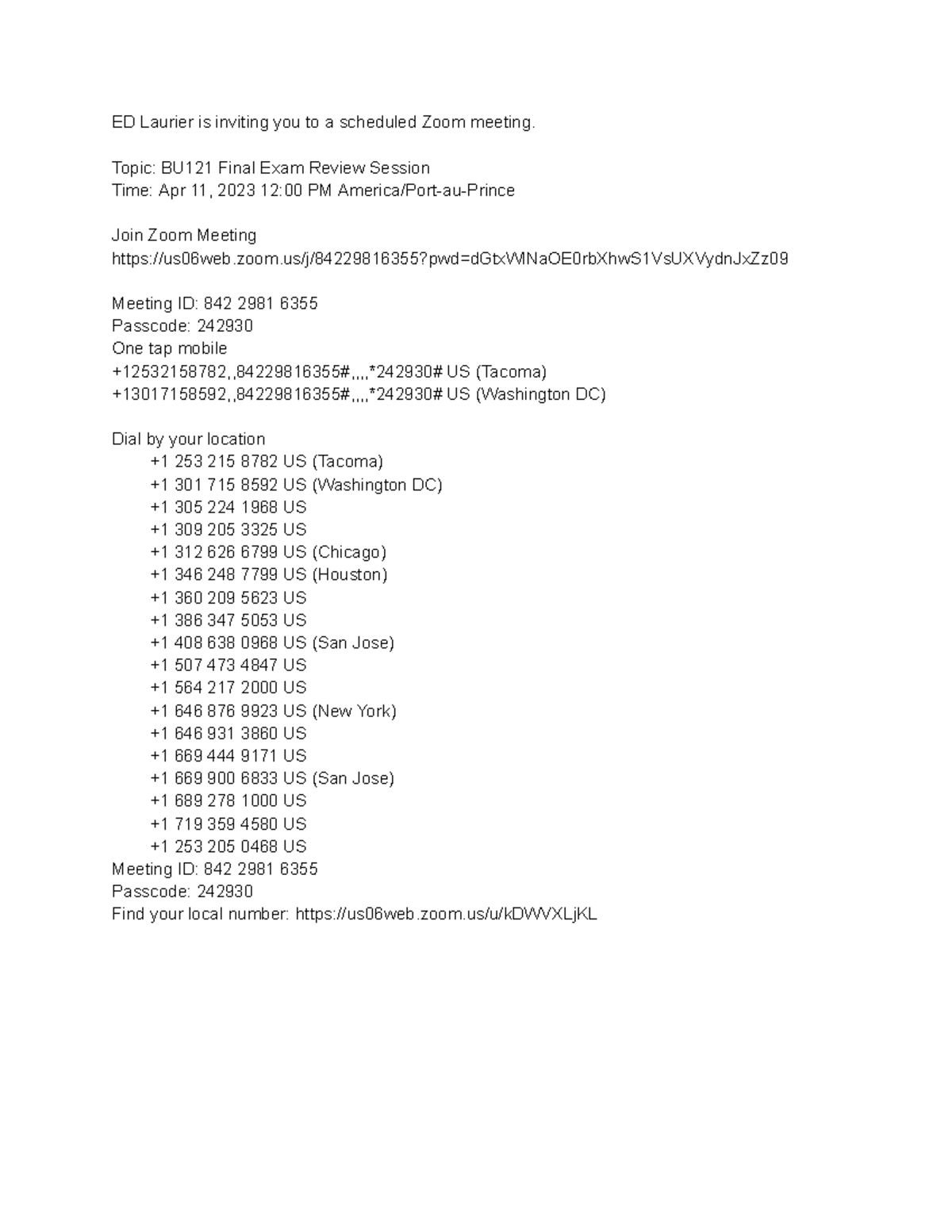 BU121 Final Exam Zoom Link 1 ge0qqe ED Laurier is inviting you to a