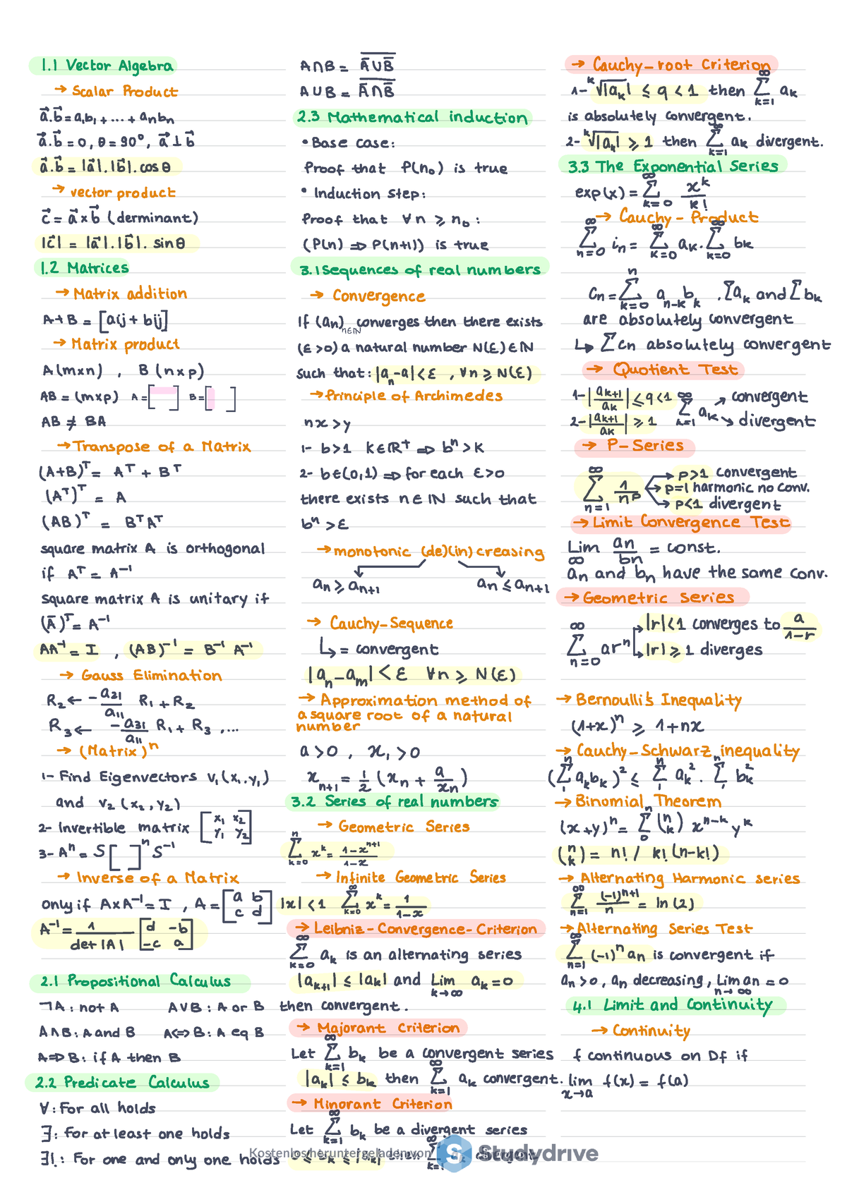 Maths Exam Summary Cheat Sheet - = 1. I Vector Algebra ANB = ÄUB → ...