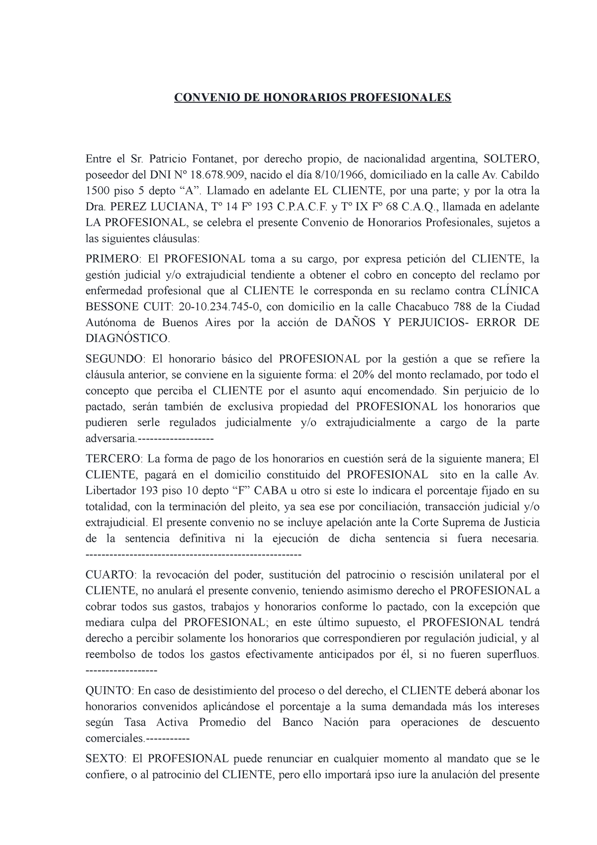 Pacto De Cuota Litis Modelo De Escrito Convenio De Honorarios Profesionales Entre El Sr 2493