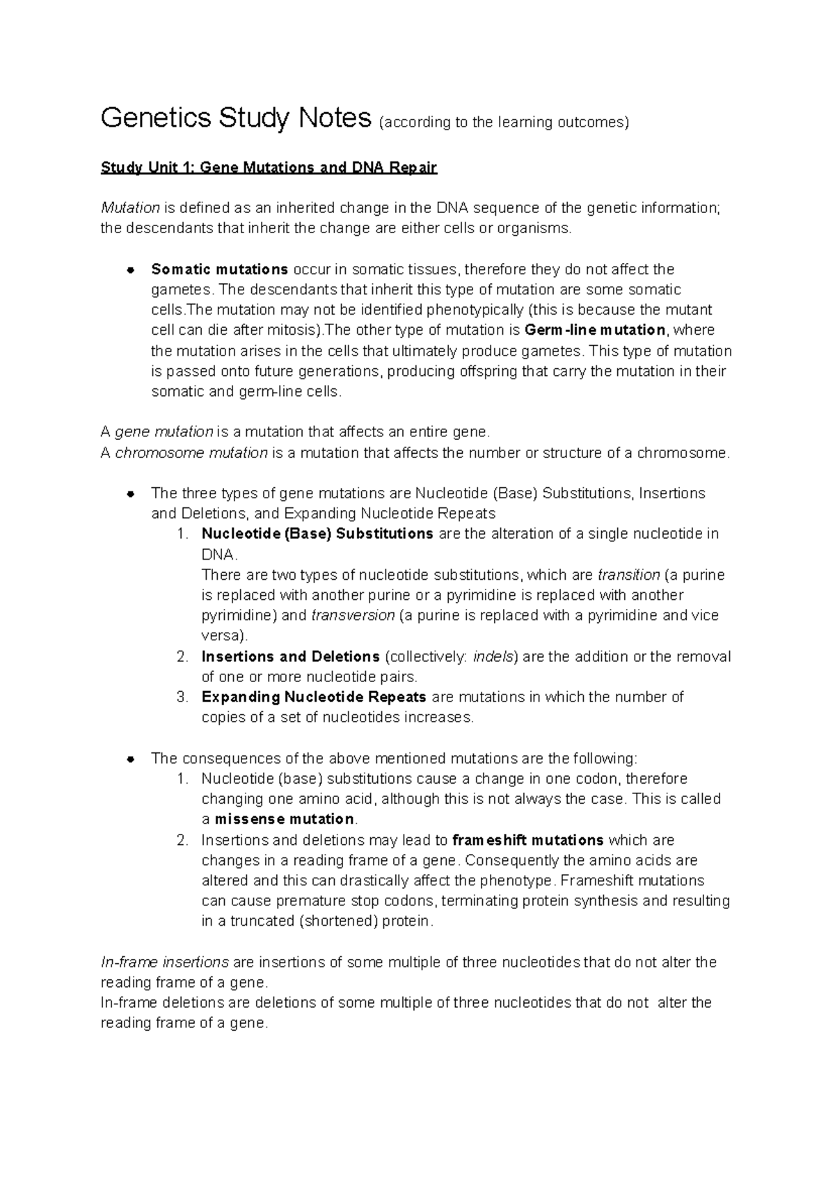 Genetics Study Notes (according to the learning outcomes) - Somatic ...