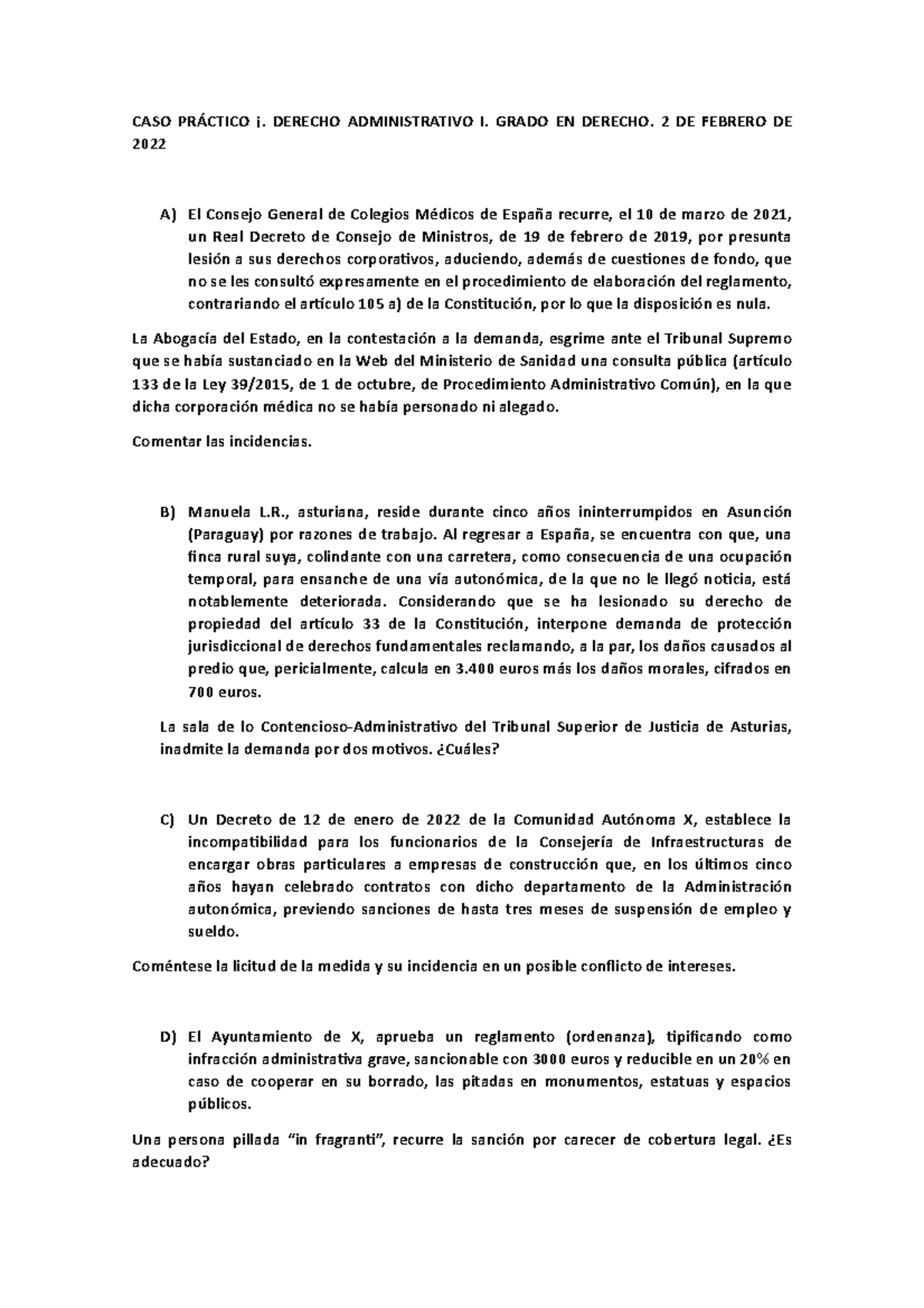 CASO PRÁ Ctico 1 - Admin - CASO PRÁCTICO ¡. DERECHO ADMINISTRATIVO I ...