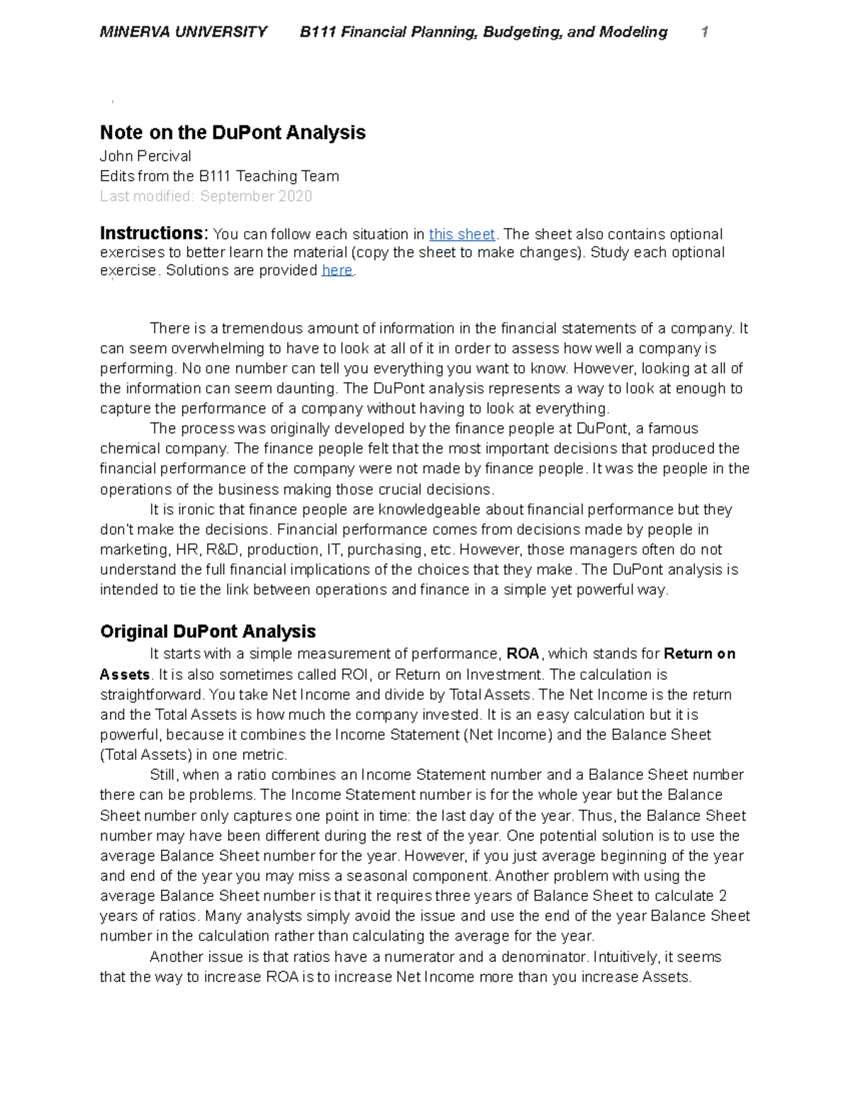 2.2 Note on the Du Pont Analysis - Note on the DuPont Analysis John ...