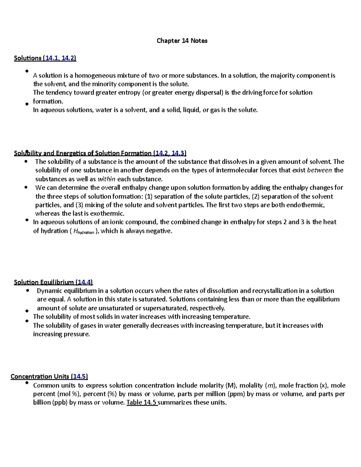 Chapter 14 Notes - Chapter 14 Notes Soluions ( 14 , 14 ) A soluion is a ...