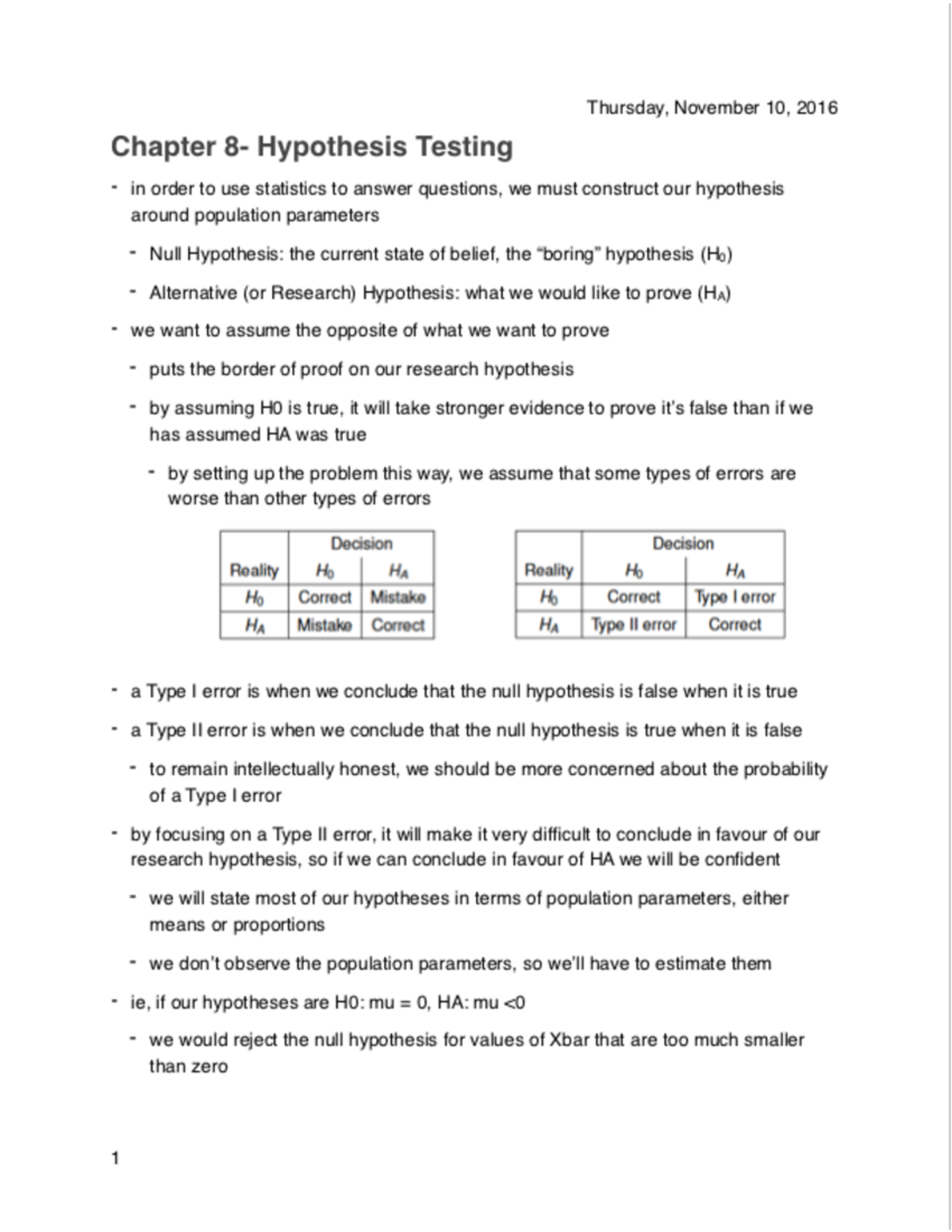 Chapter 8 Hypothesis Testing - Thursday, November 10, 2016 Chapter 8 ...