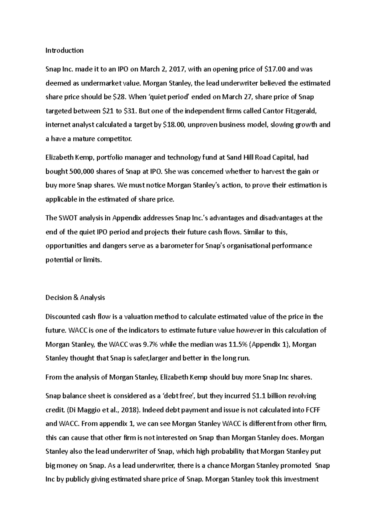 BFX 3999 Case 1 Week 2 BFX 3999 Assignment Introduction Snap Inc