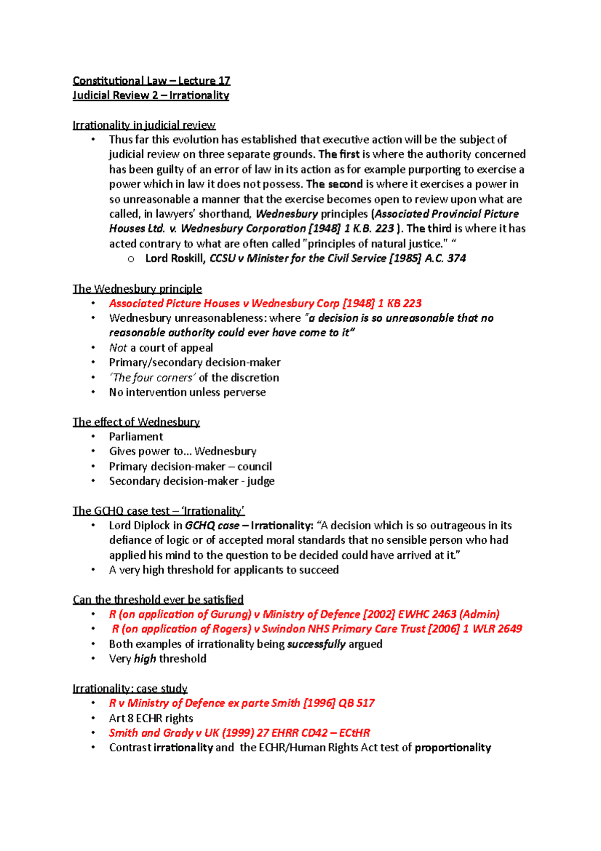 Irrationality Discussed the Wednesbury principle of unreasonableness