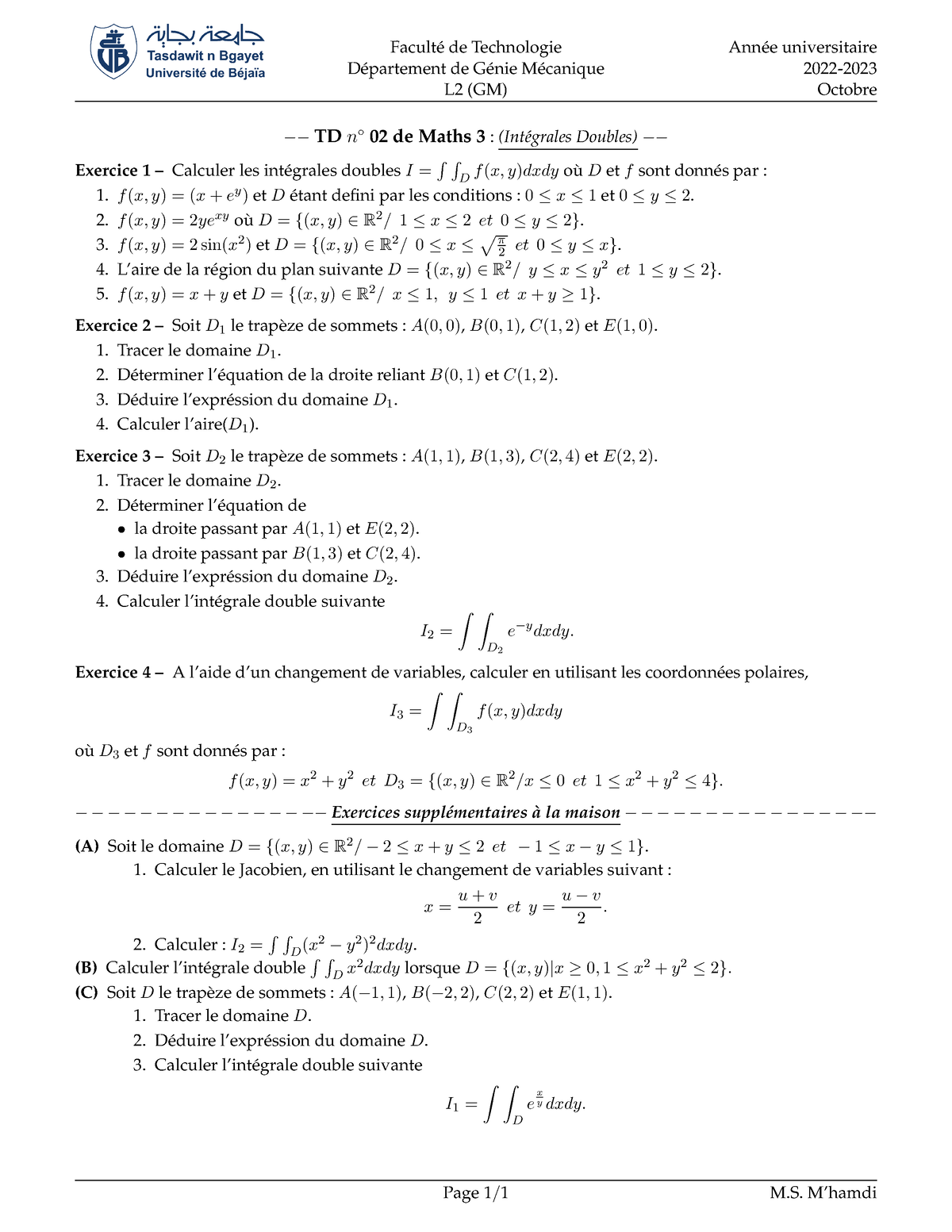 Intégrales doubles - Facult ́e de Technologie D ́epartement de G ́enie ...