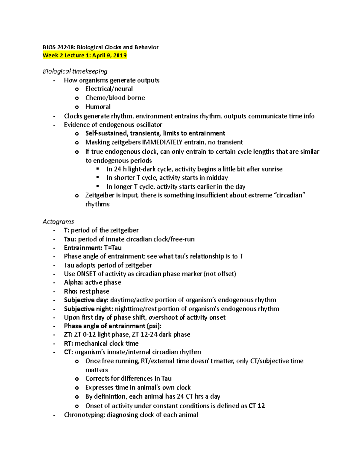 BIOL W2L1 - Lecture notes Week 2 Lecture 1 - BIOS 24248: Biological ...