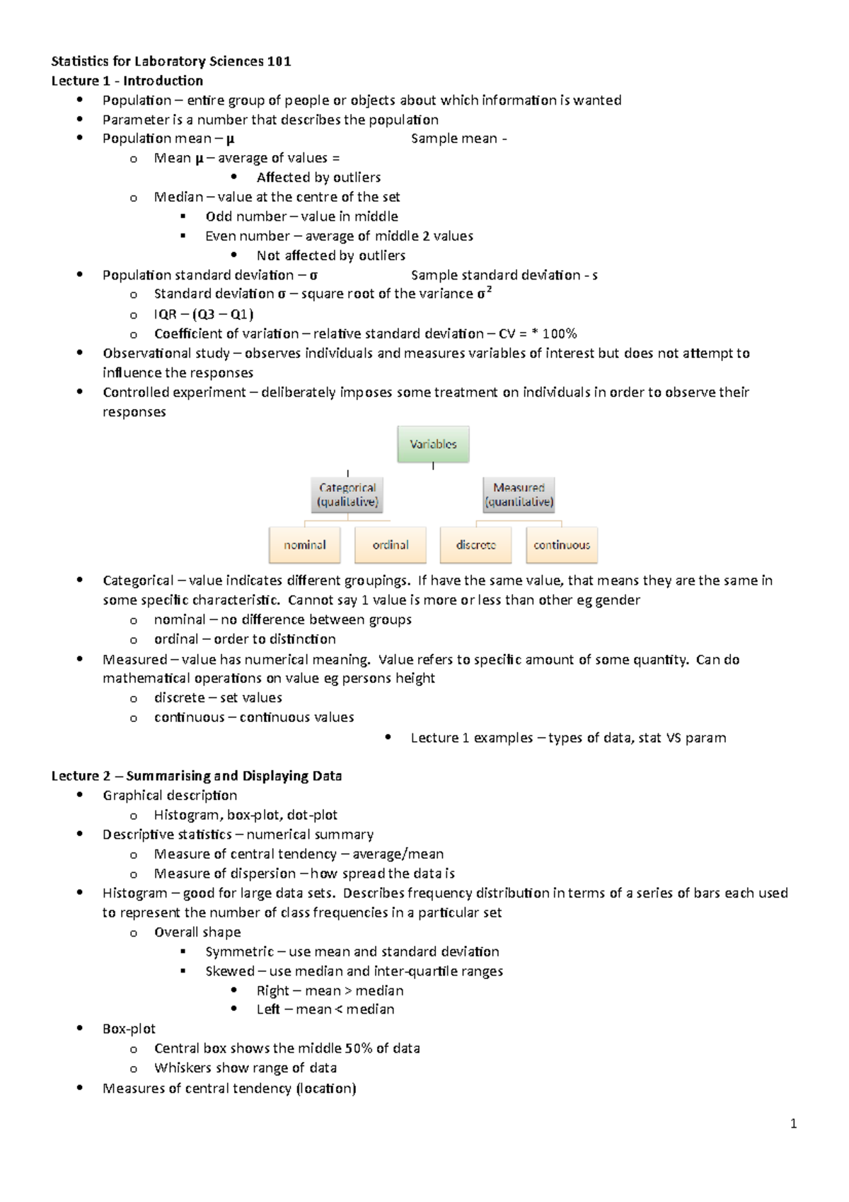 Statistics for Laboratory Sciences 101 Summary - Statistics for ...