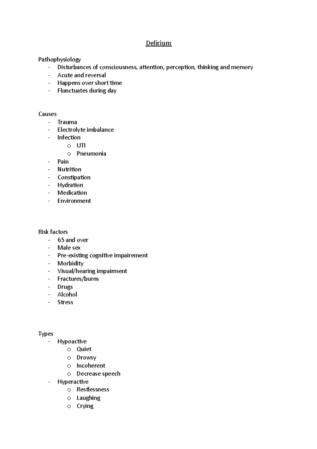 Delirium - Lecture notes 105 - Delirium Pathophysiology - Disturbances ...