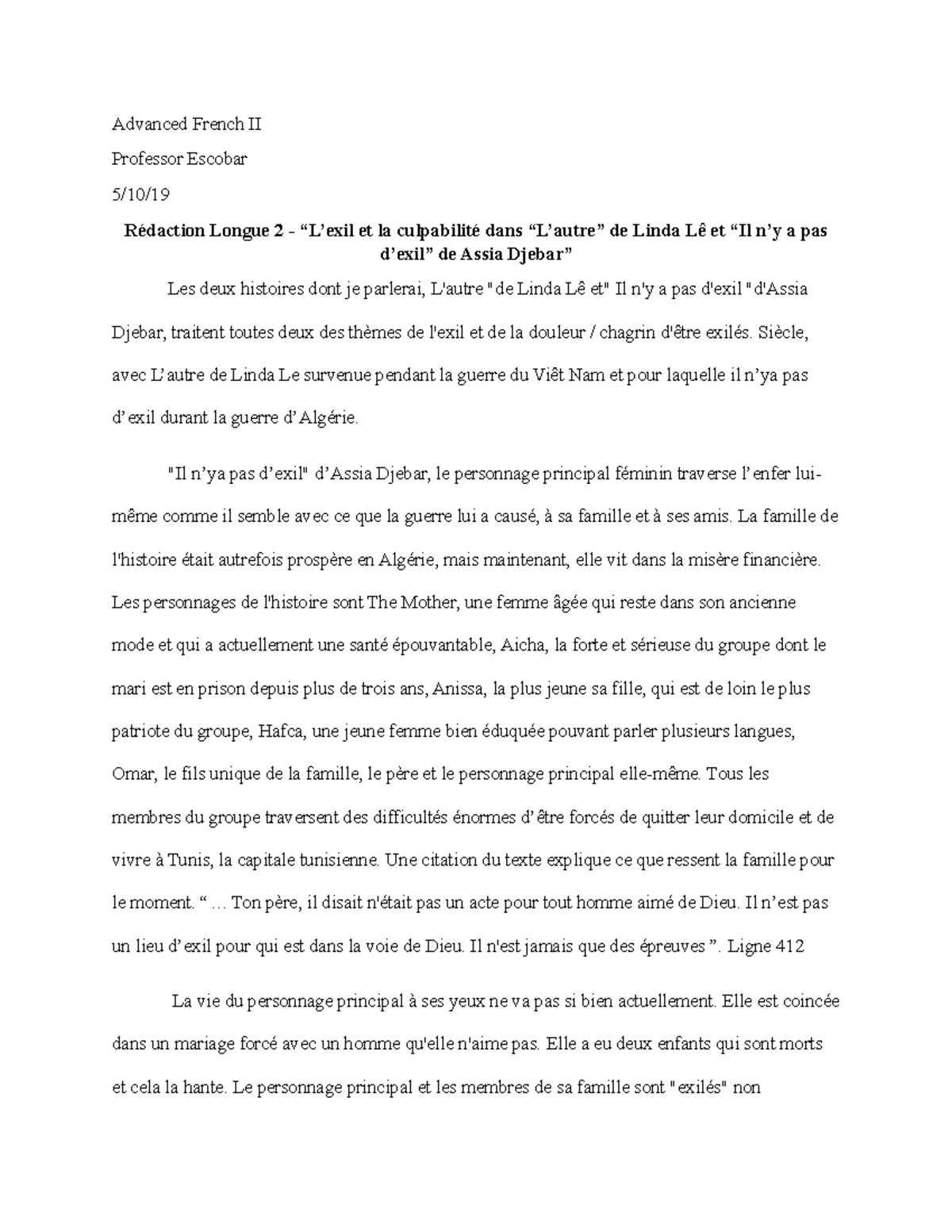 Rédaction Longue 2 “L’exil et la culpabilité dans “L’autre” de Linda