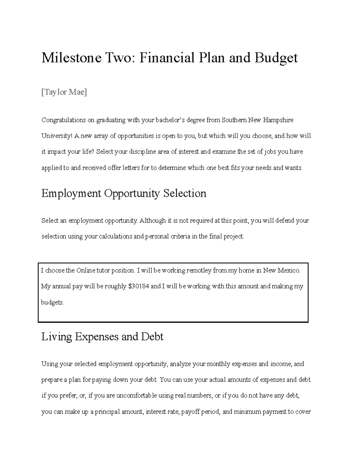 MAT 125 Milestone Two Financial Plan and Budget Milestone Two