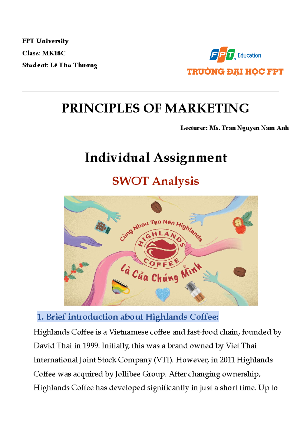 [ MKT101 ] Individual Assignment Lê Thu Thương - FPT University Class ...