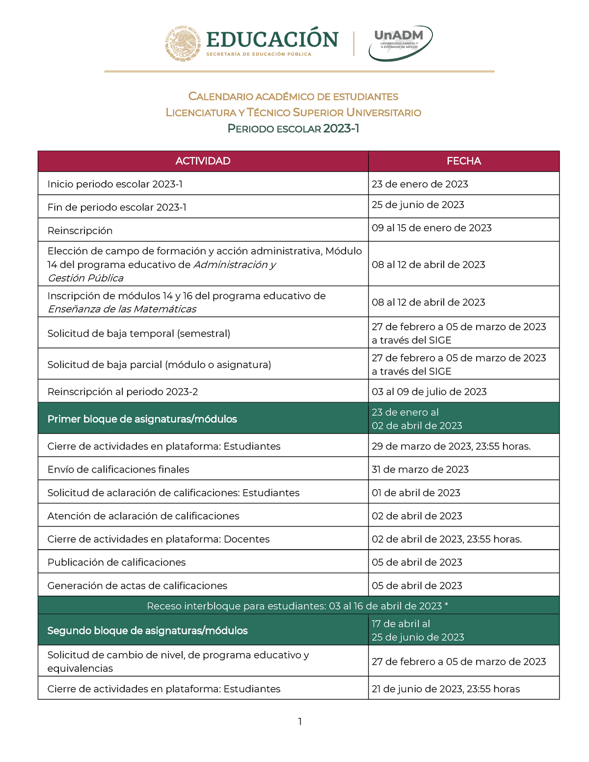 Un ADM Calendario vigente 1 CALENDARIO ACADÉMICO DE ESTUDIANTES