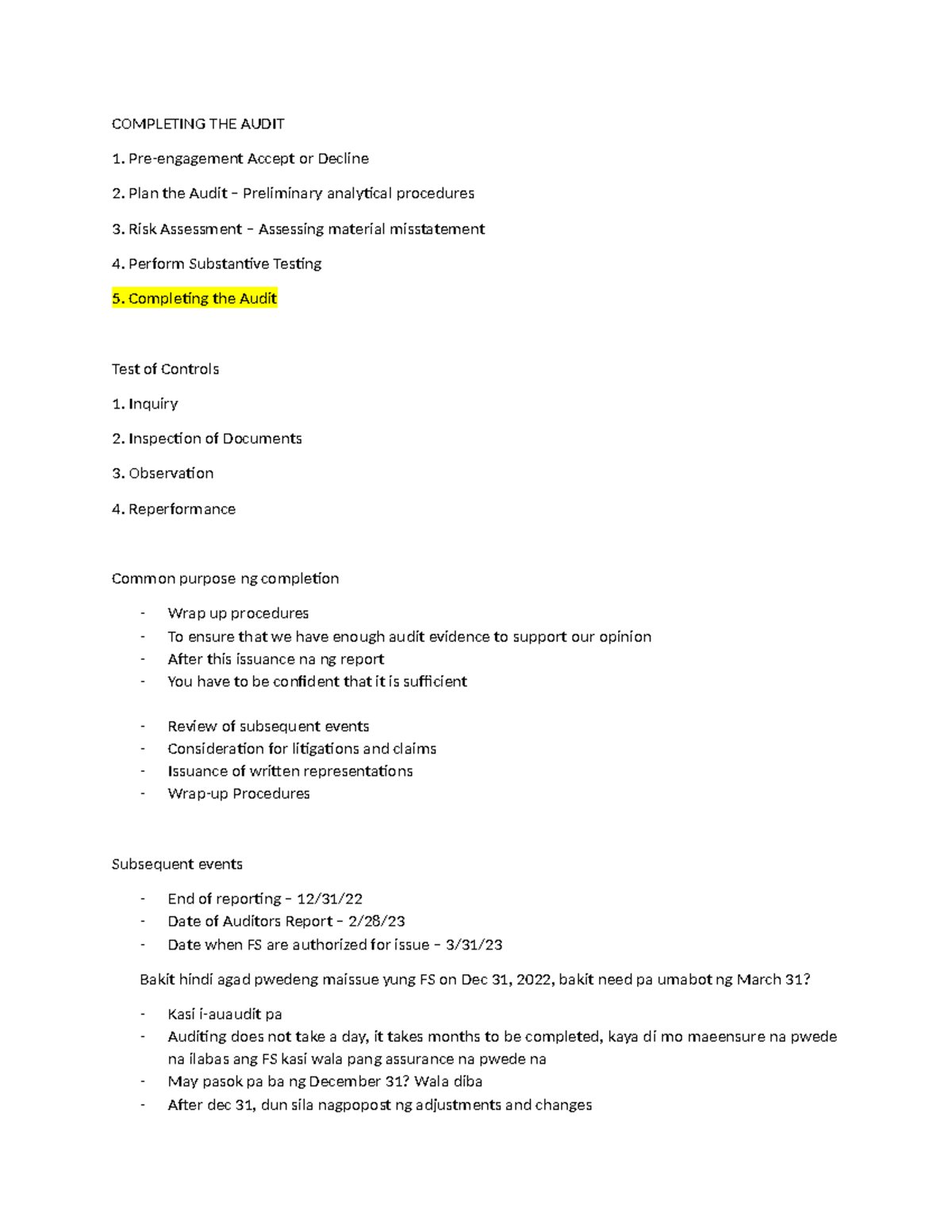 Completing THE Audit Acyasr 1 - COMPLETING THE AUDIT Pre-engagement ...