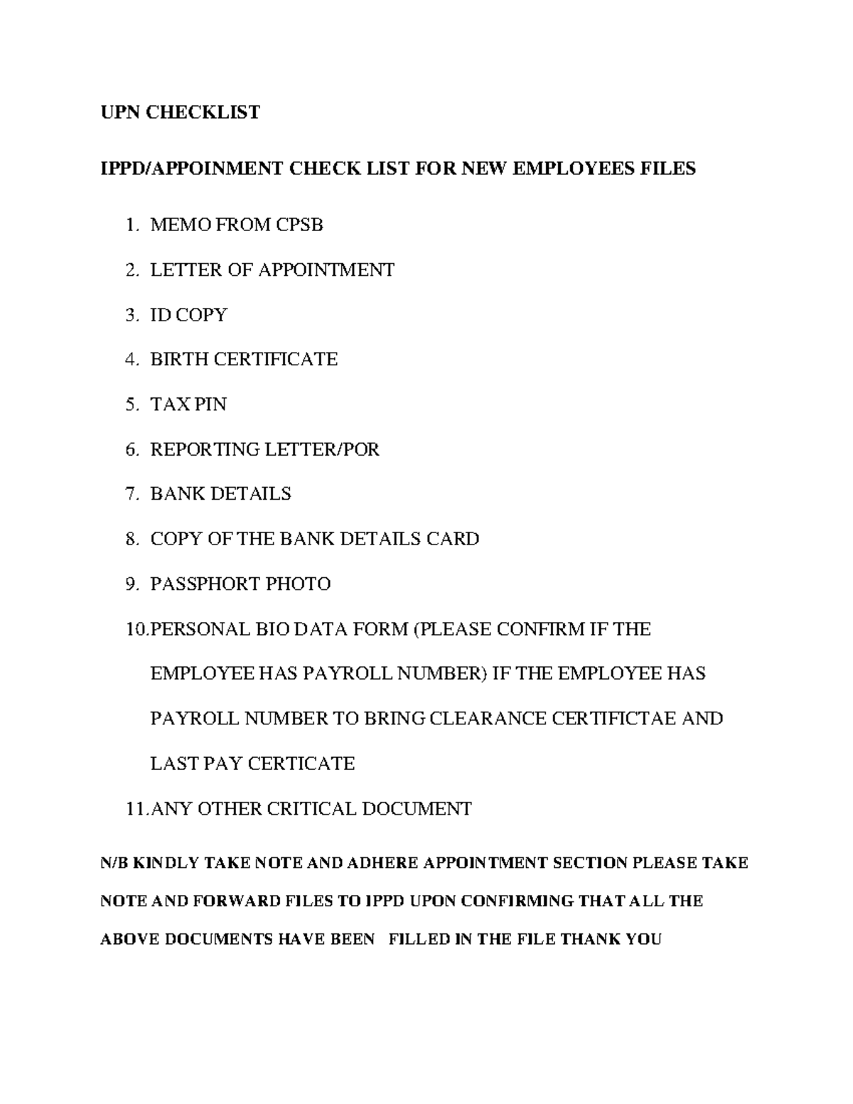 UPN Check LIST FOR NEW Employees Files - UPN CHECKLIST IPPD/APPOINMENT ...