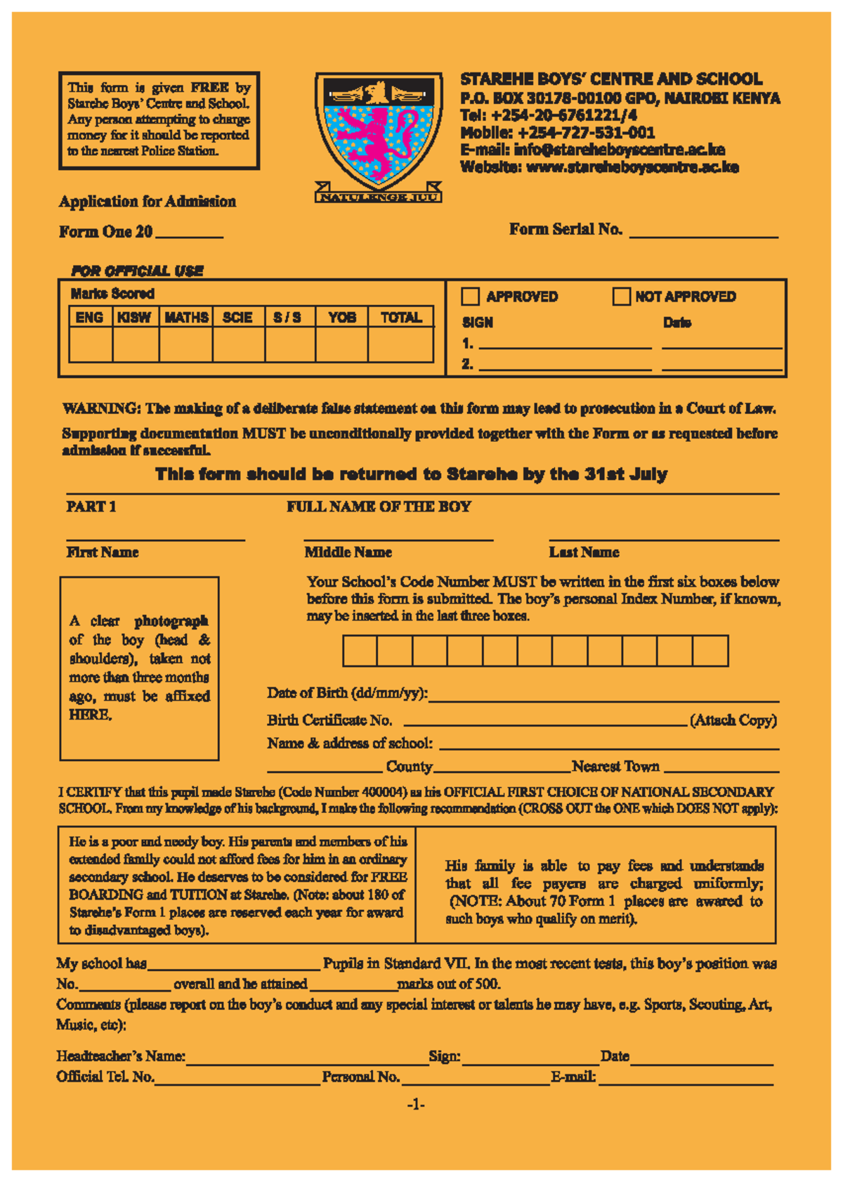 Starehe application form yellow 1 - STAREHE CENTRE AND SCHOOL This form ...