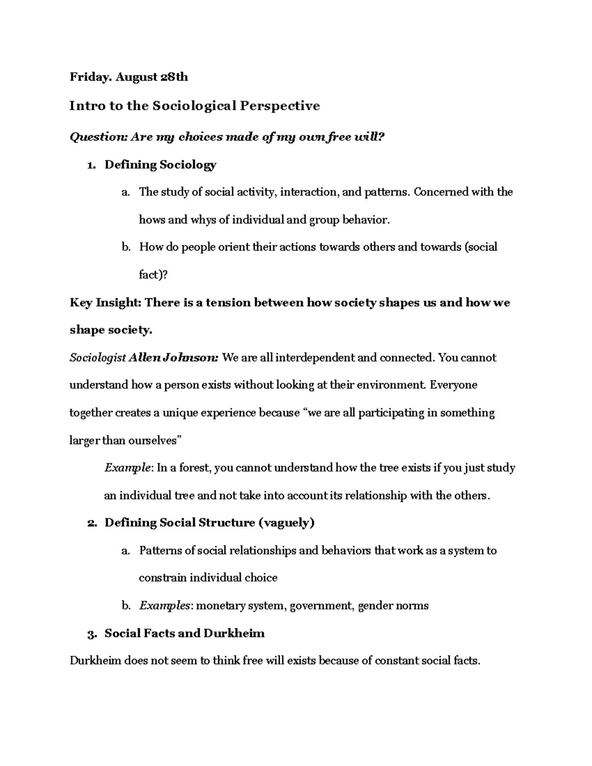 Lecture 1 Notes Intro To The Sociological Perspective - Friday. August ...