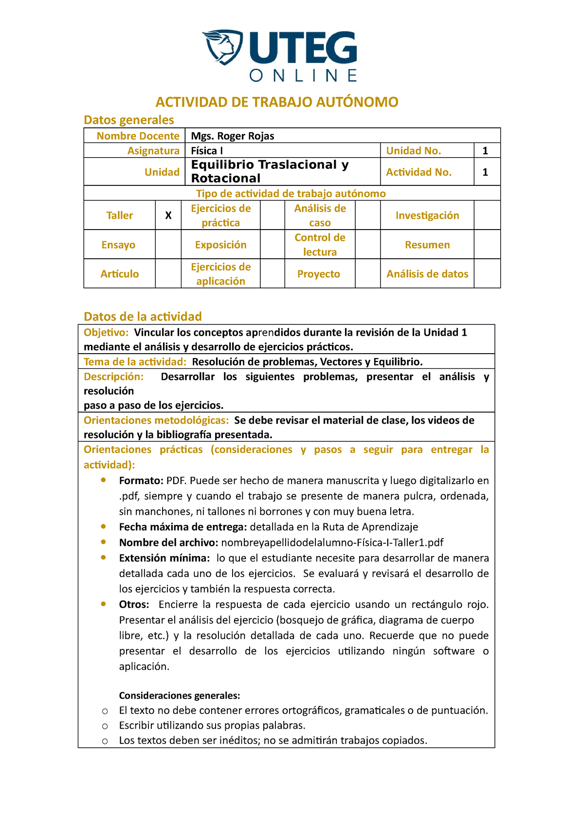 Fisica I Taller U1 V3.0 - Tarea - ACTIVIDAD DE TRABAJO AUTÓNOMO Datos ...