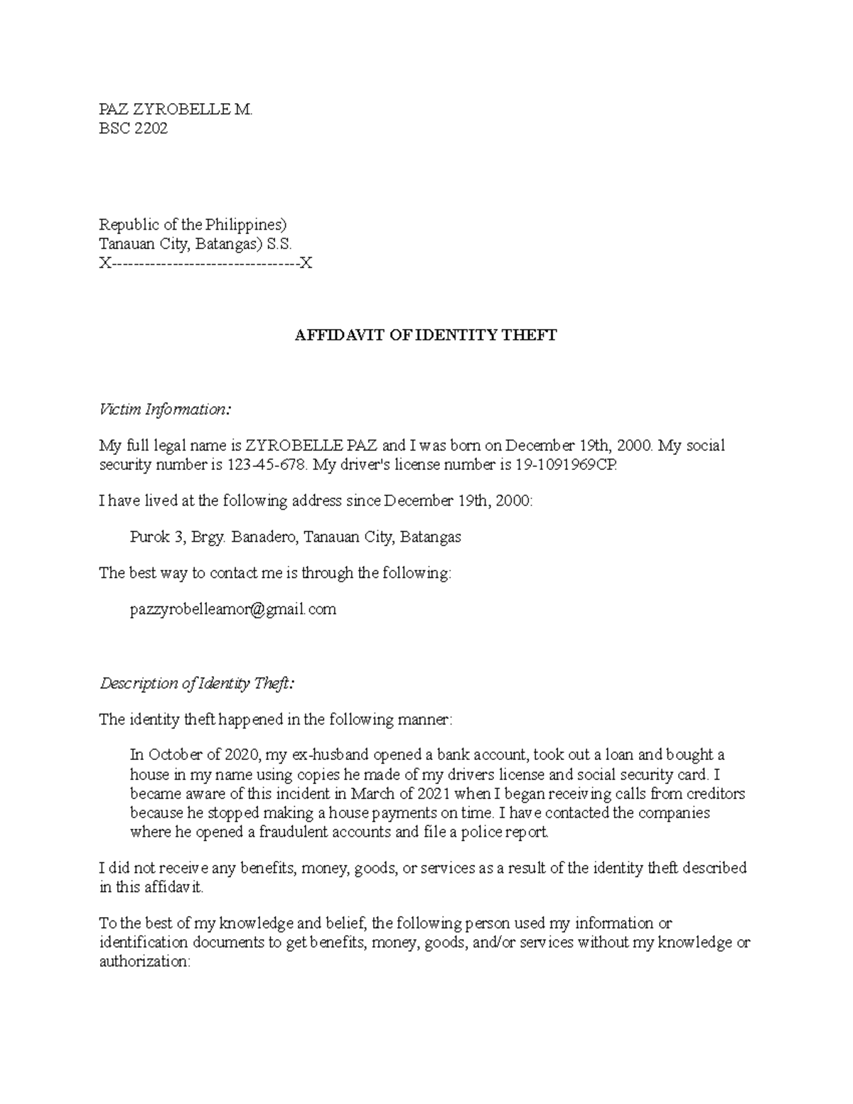 Affidavit of Identity Theft PAZ ZYROBELLE M. BSC 2202 Republic of the