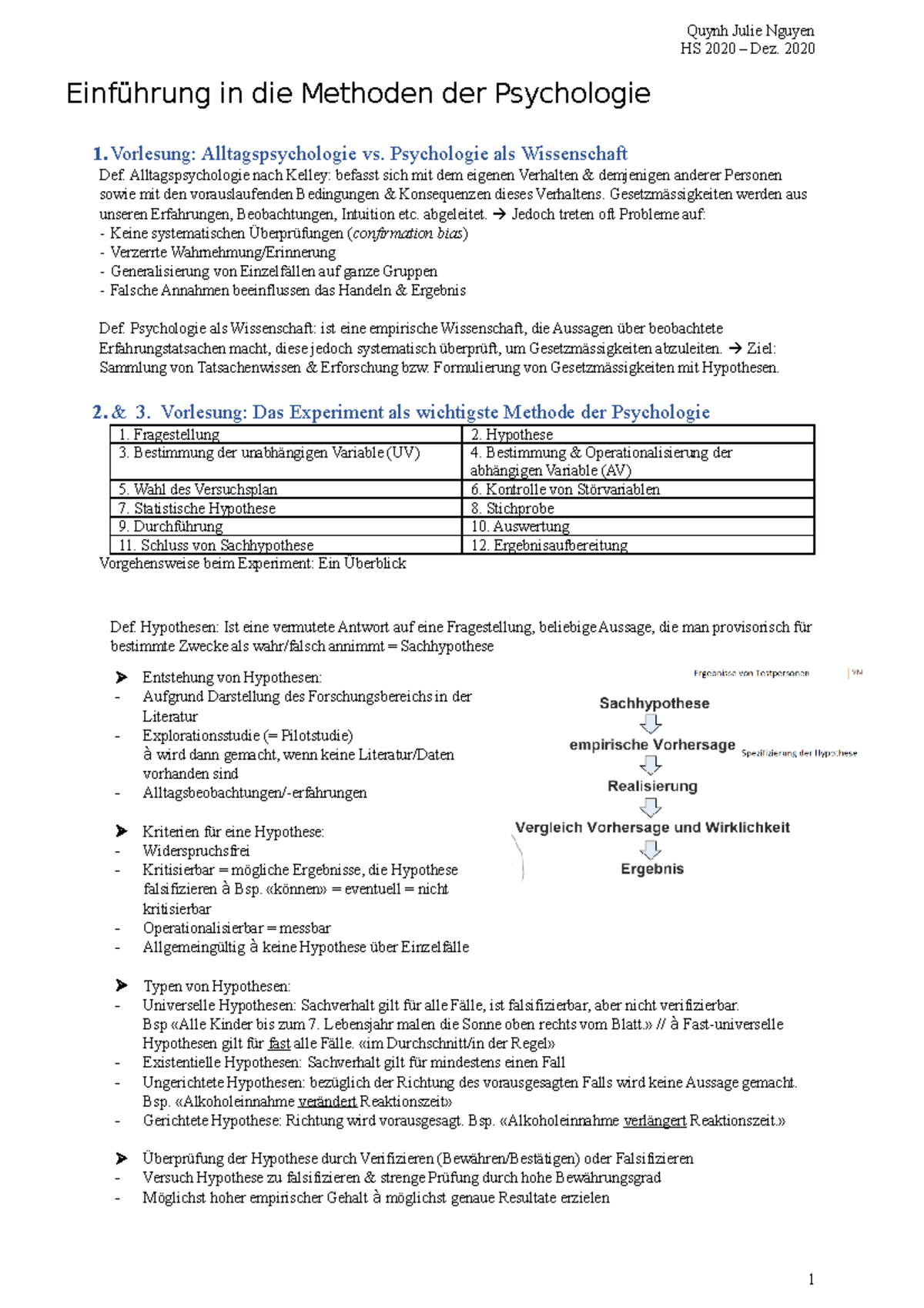 Einführung In Die Methoden Der Psychologie Unibe 1.sem - Universität 