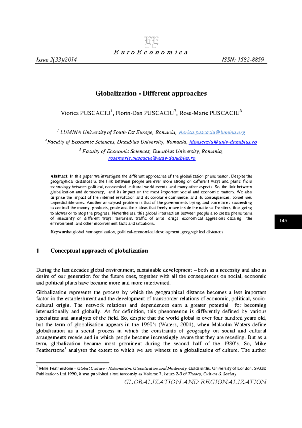 Globalization - Different Approaches - Issue 2(33)/2014 ISSN: 1582- 145 ...