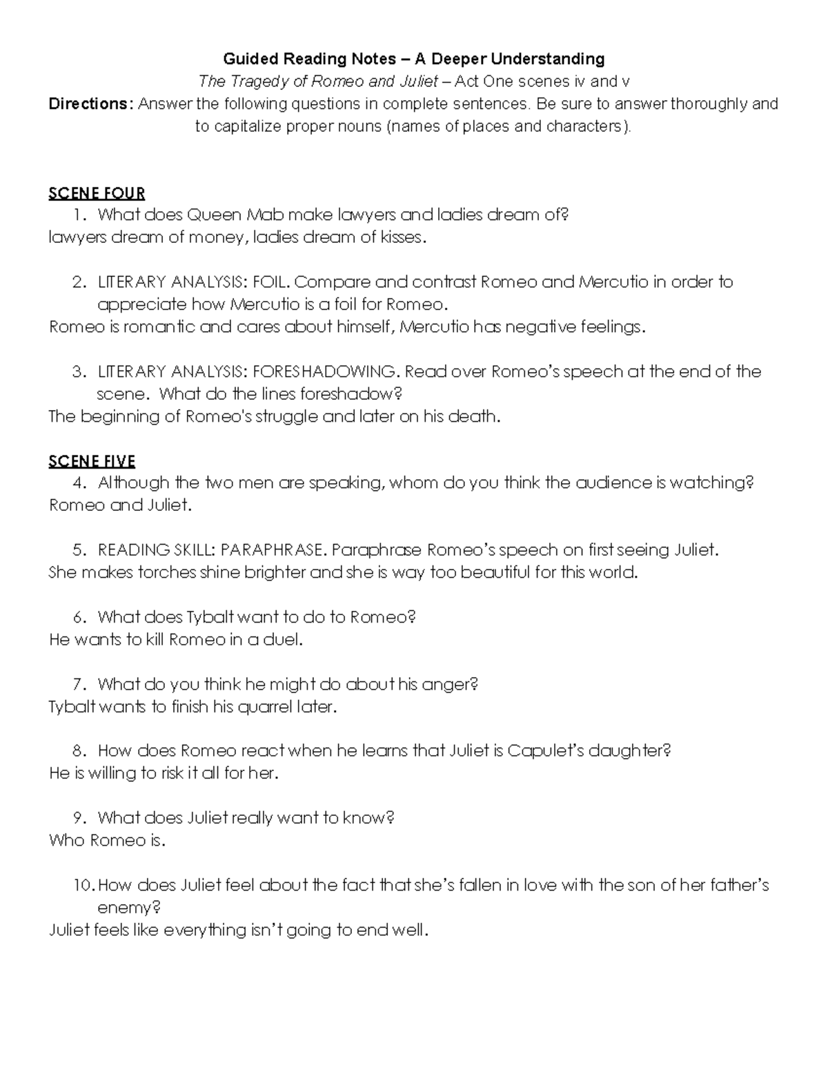 Cecilya Guilbault - Romeo Juliet Act 1 Scene iv v Questions (Scenes 4 5 ...