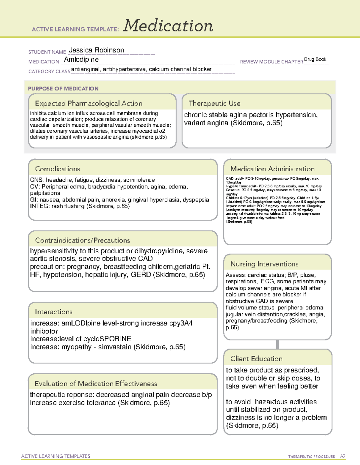 Medication Amlodipine ACTIVE LEARNING TEMPLATES TherapeuTic