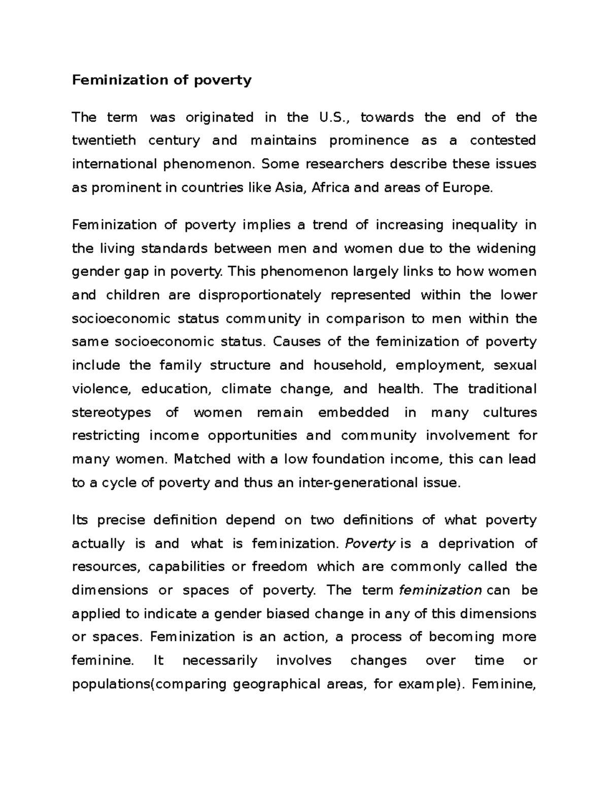 Feminization of poverty - , towards the end of the twentieth century ...