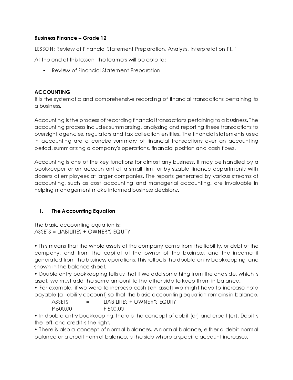 Lesson 4 - ssss - Business Finance – Grade 12 LESSON: Review of ...