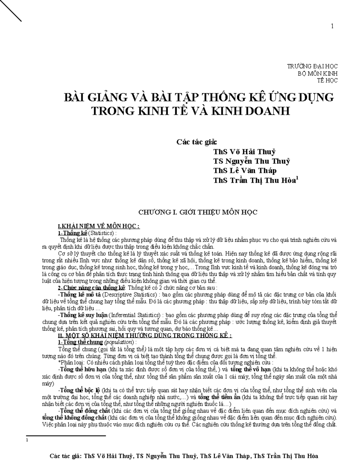 BÀI GIẢNG VÀ BÀI TẬP THỐNG KÊ ỨNG DỤNG Trong KINH TẾ VÀ KINH Doanh ...