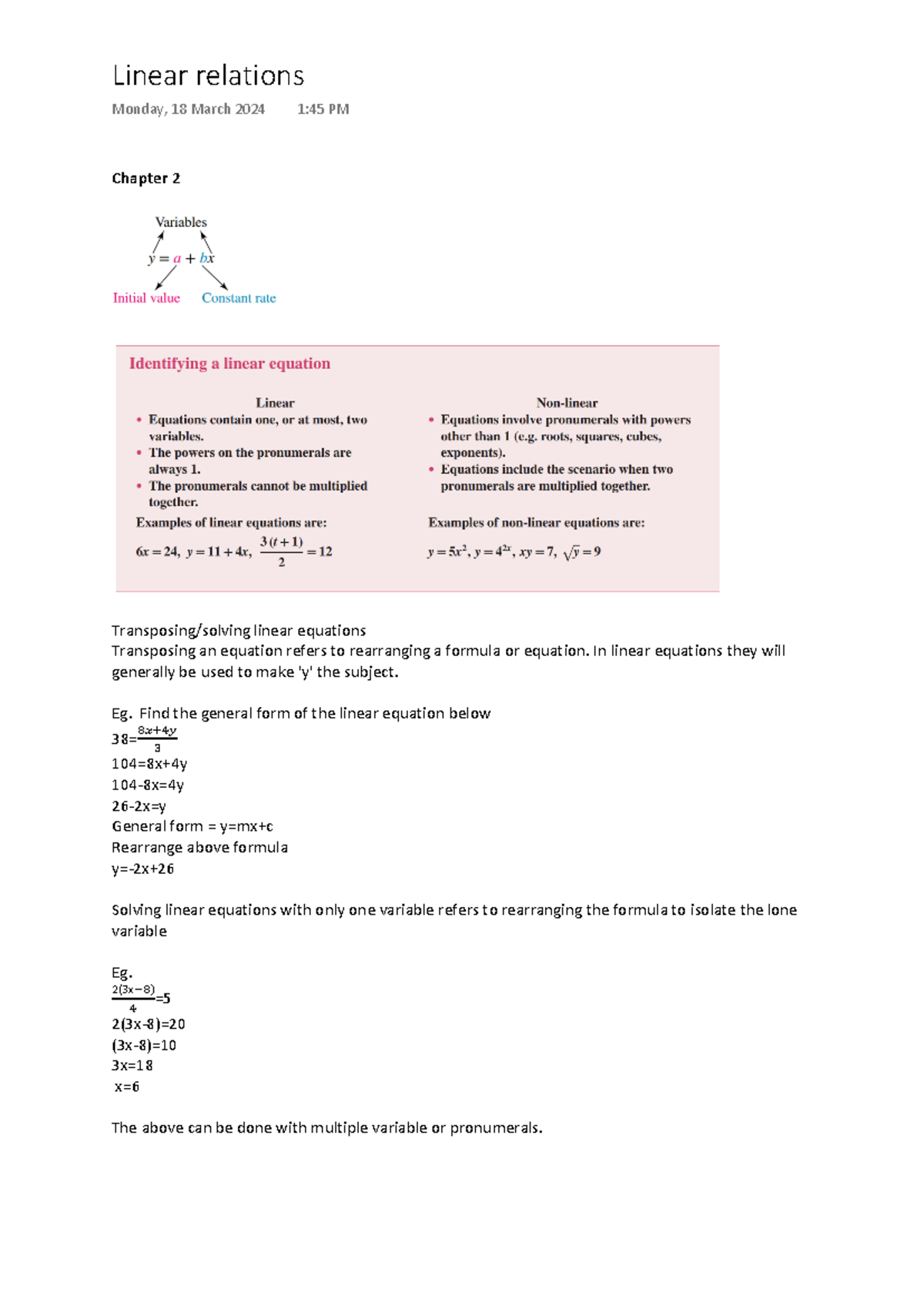 Linear Equations Gen1,2 - Chapter 2 Transposing/solving linear ...