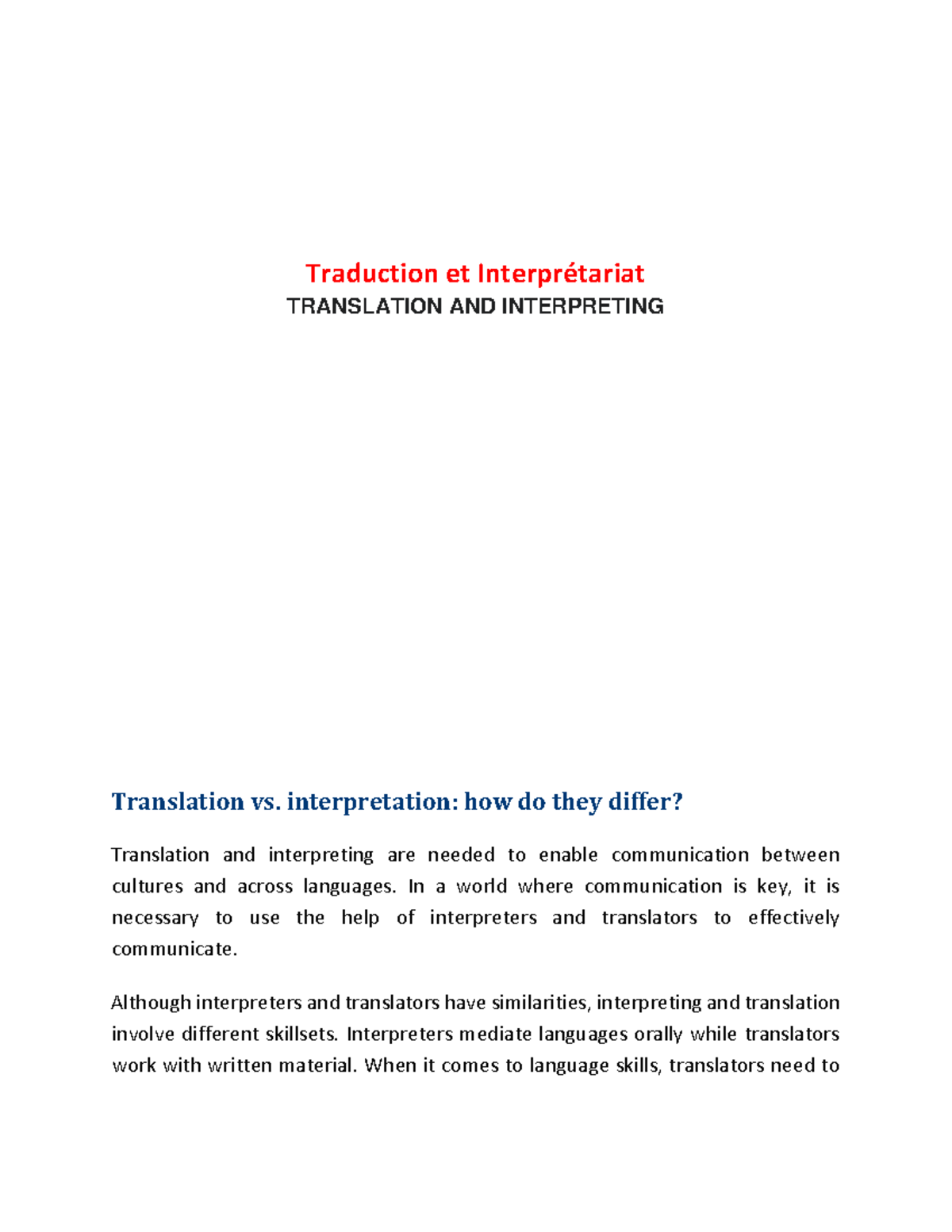 Translation and Interpreting How they differ cours Traduction et