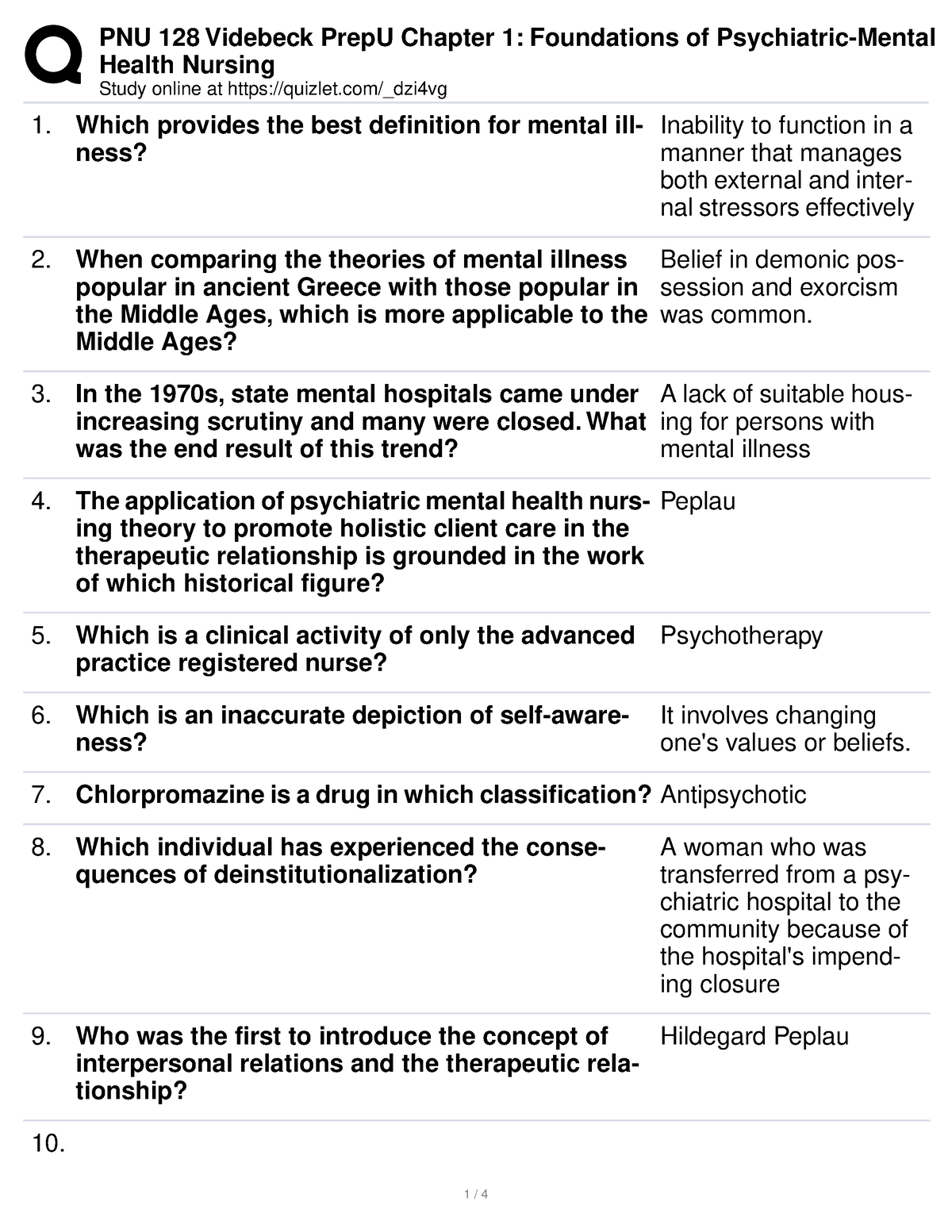 CH1 -Psychiatric-Mental-Health - Health Nursing Study Online At Quizlet ...