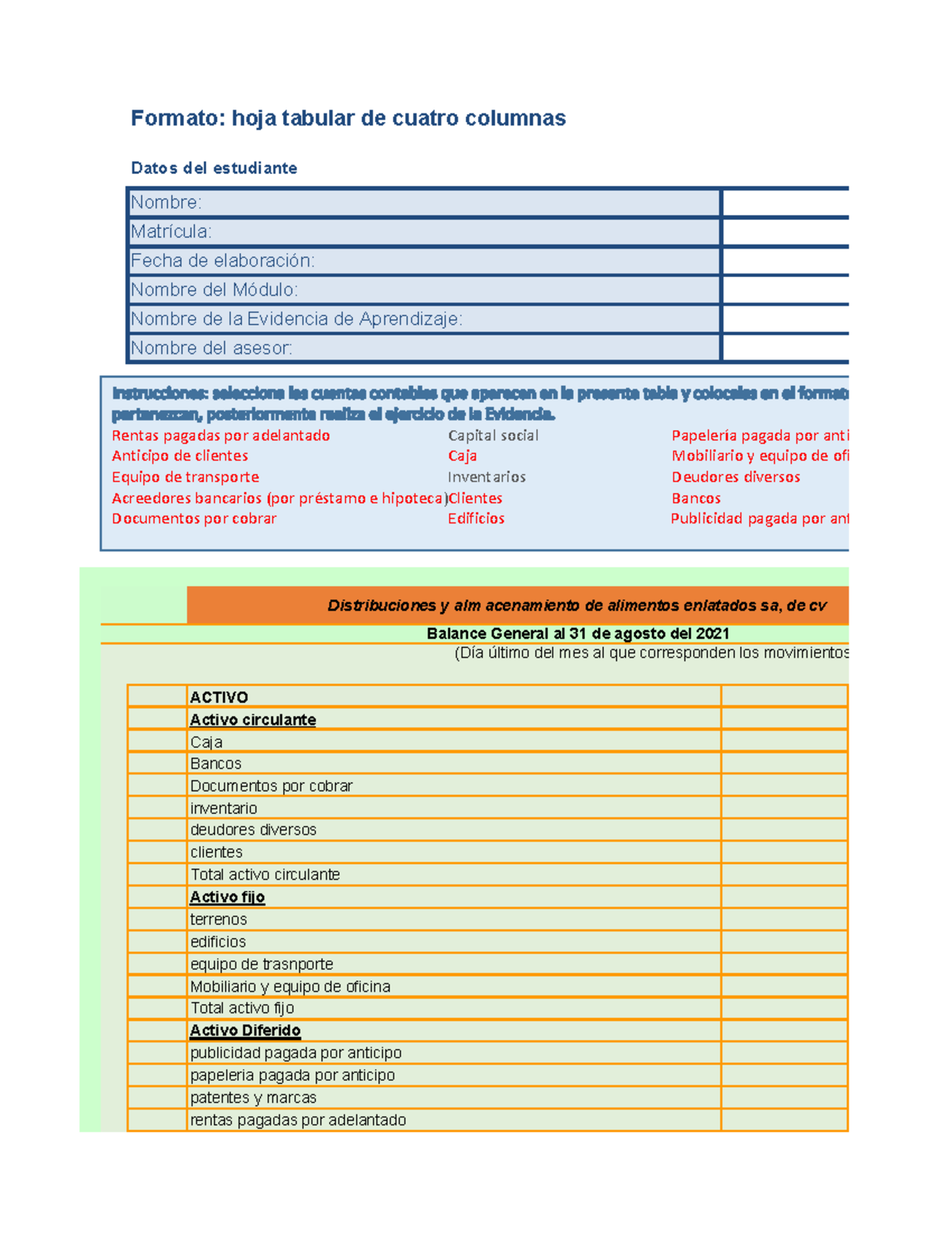 Estructura de Balance General - Formato: hoja tabular de cuatro ...