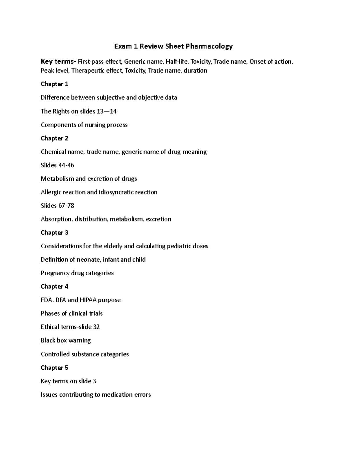 Pharmacology Exam 1 Review Sheet Days 2 - Exam 1 Review Sheet ...