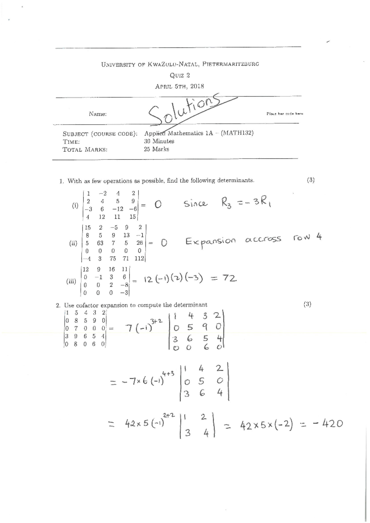 2018-MATH132Quiz2sol - MATH132H1 - Studocu
