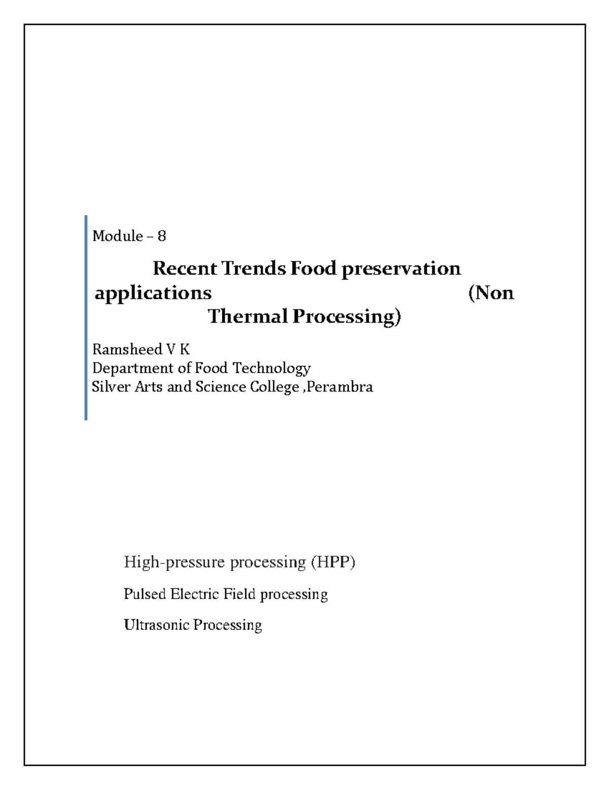 Module -8 Recent Trends Food preservation application(Non Thermal ...