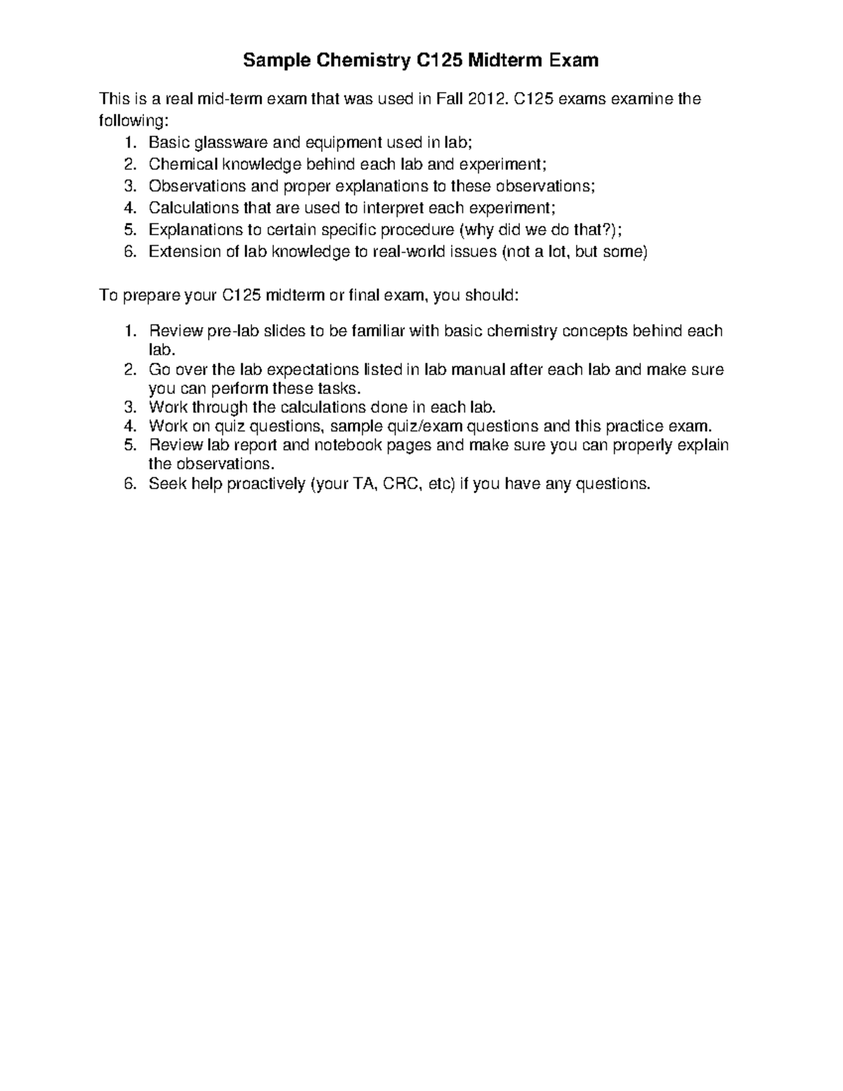 C125 Mid Term v1 Used as Practice Exam Sample Chemistry C125 Midterm