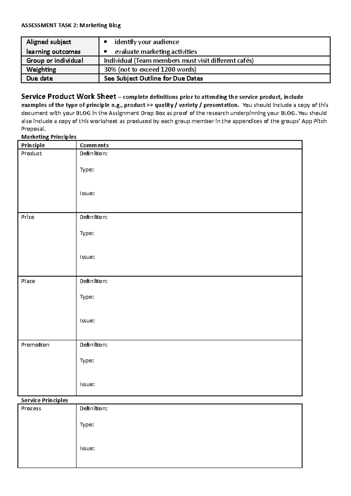 2020 BLOG Assessment TASK Worksheet - ASSESSMENT TASK 2: Marketing Blog ...