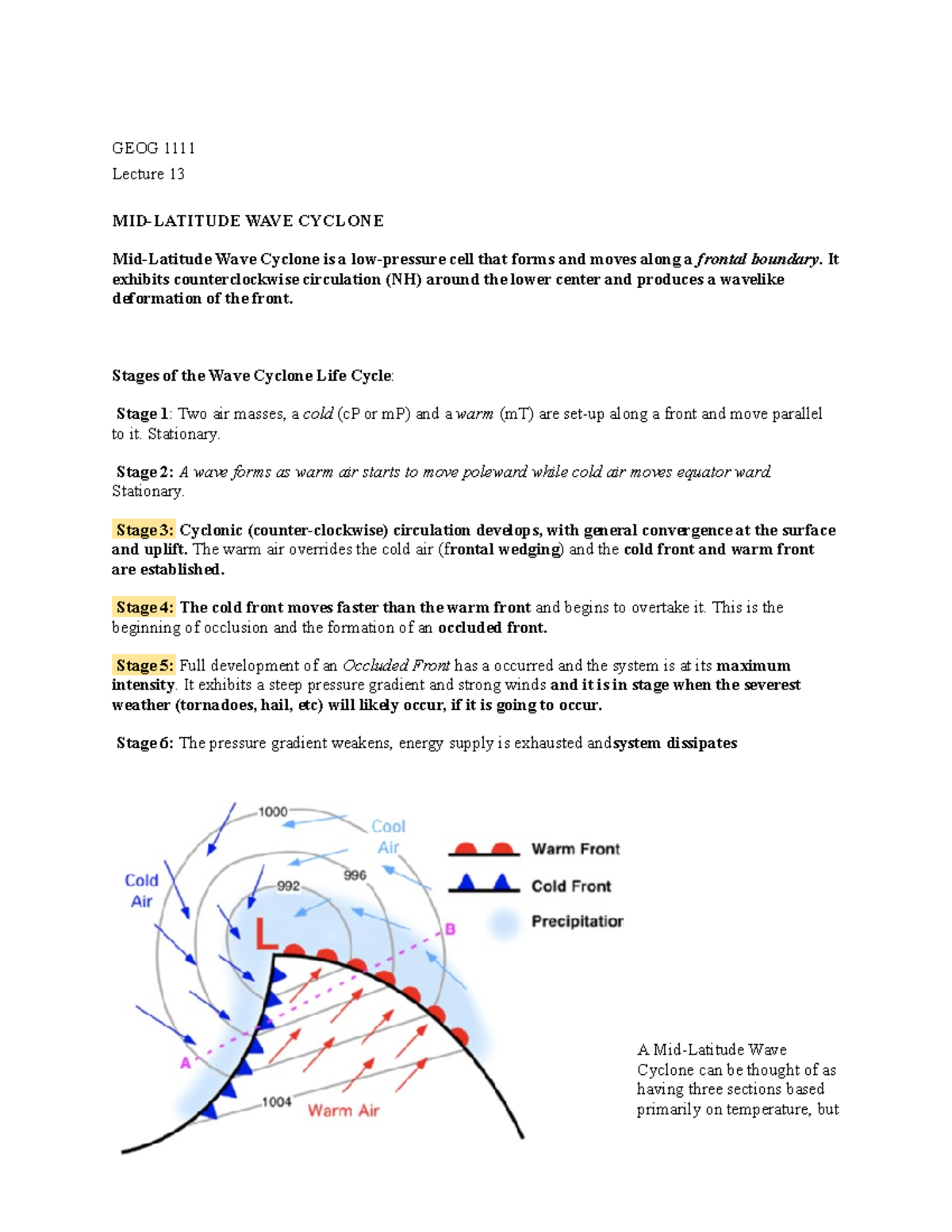 GEOG Lecture 13 NOTES GEOG 1111 Lecture 13 MIDLATITUDE WAVE