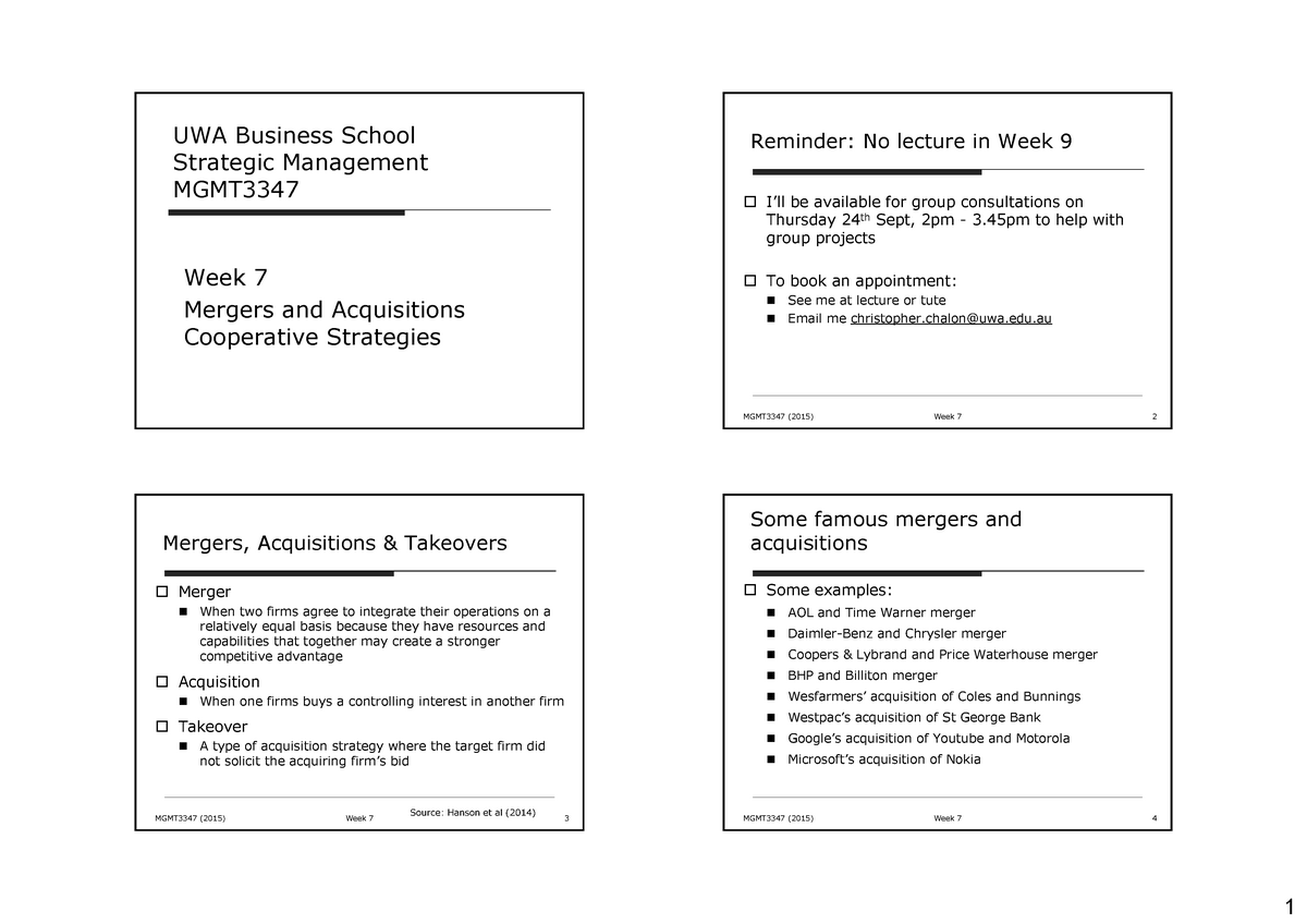 Lecture notes, lectures 7 - mergers and acquisitions cooperative ...