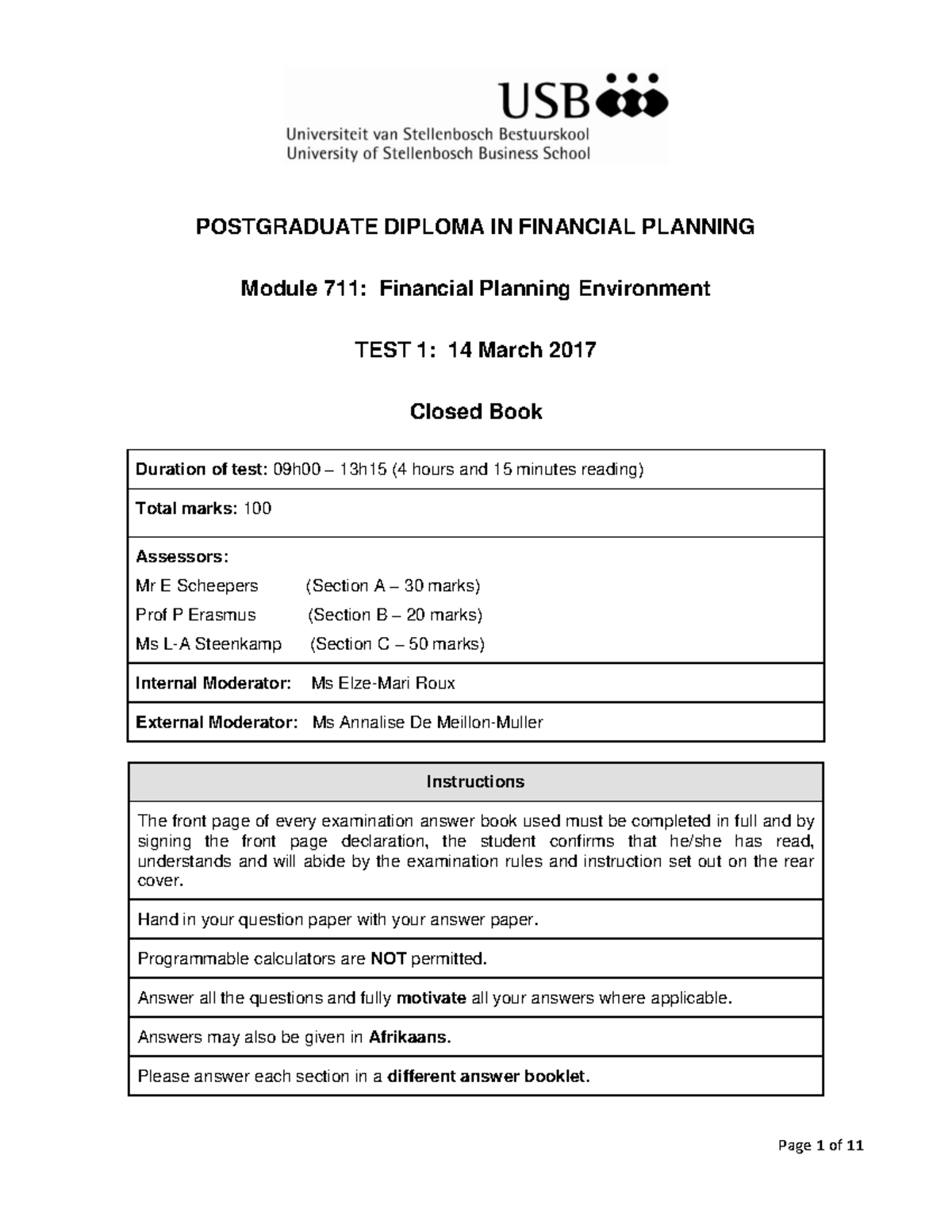 Test 15 August 2017, questions POSTGRADUATE DIPLOMA IN FINANCIAL