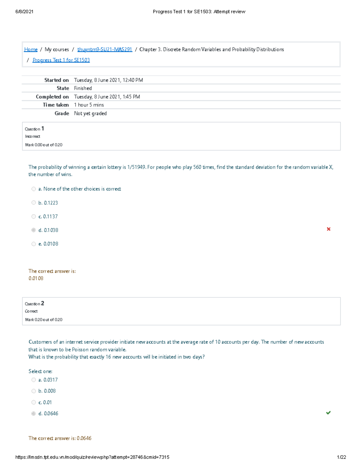 Progress Test 1 Attempt review-2 - Home/My courses/ thuyntm9-SU21 ...