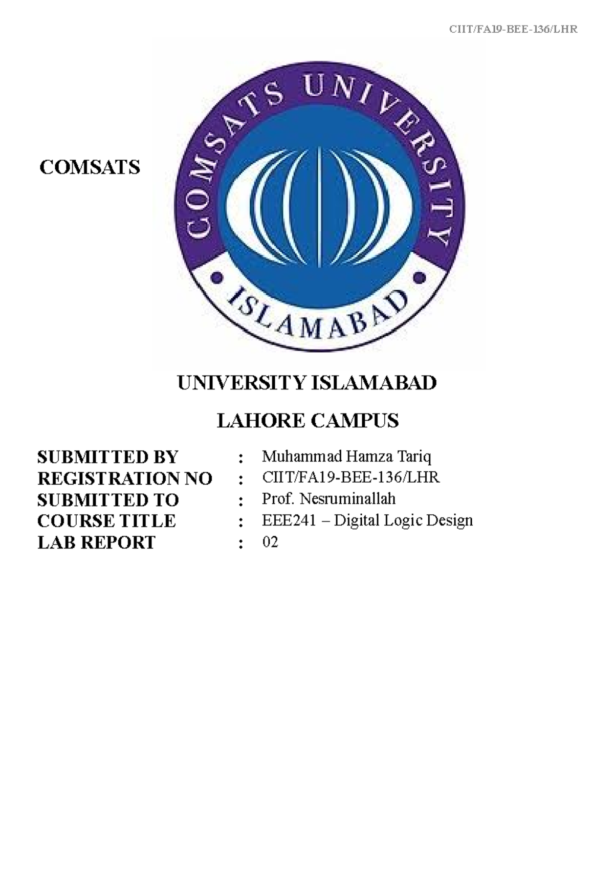 LAB REP 2 - COMSATS UNIVERSITY ISLAMABAD LAHORE CAMPUS SUBMITTED BY ...